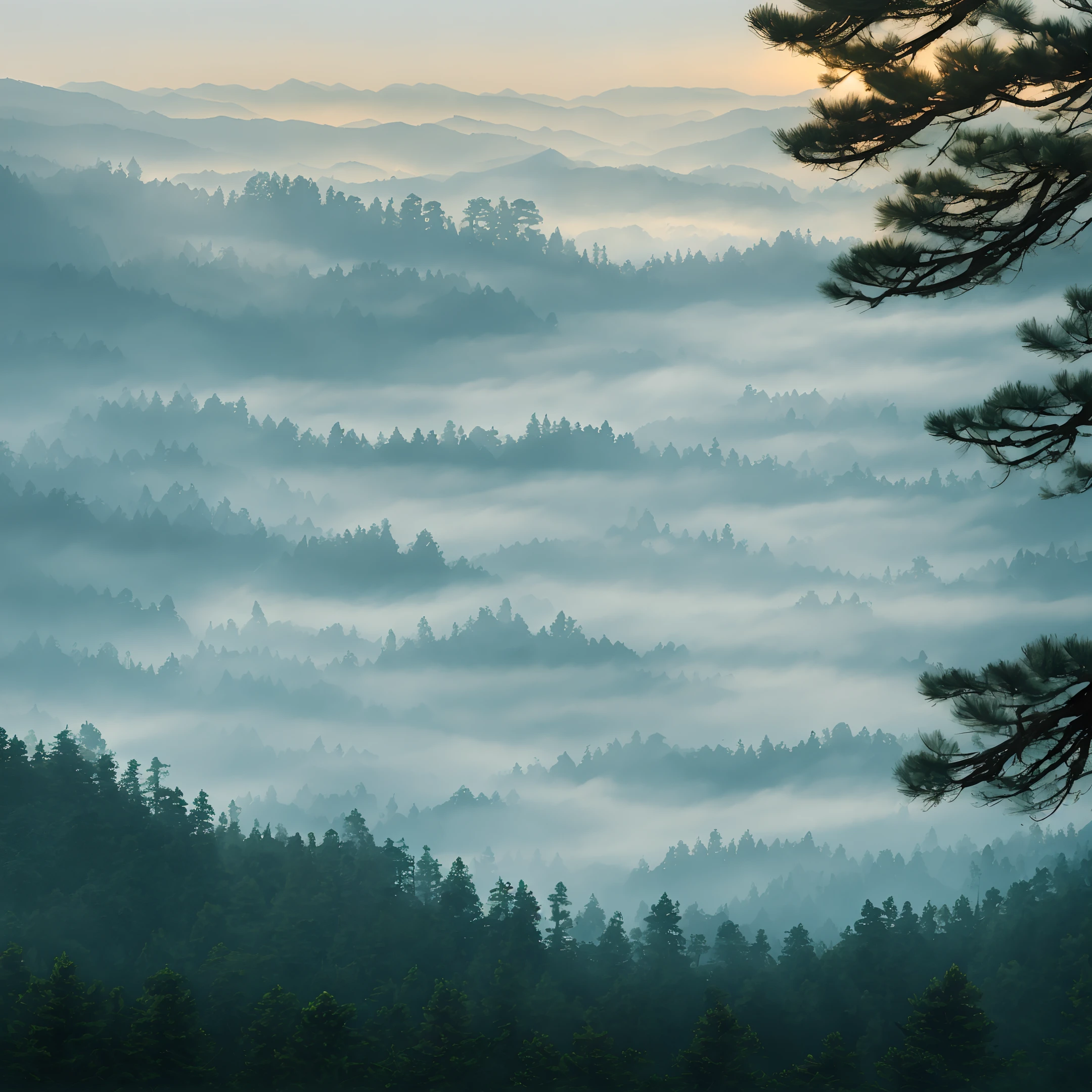 "An ultra-detailed and delicate masterpiece depicting a captivating scene of the pine forest shrouded in mist and gloom, with a soft and tranquil atmosphere of early morning twilight without the sun."