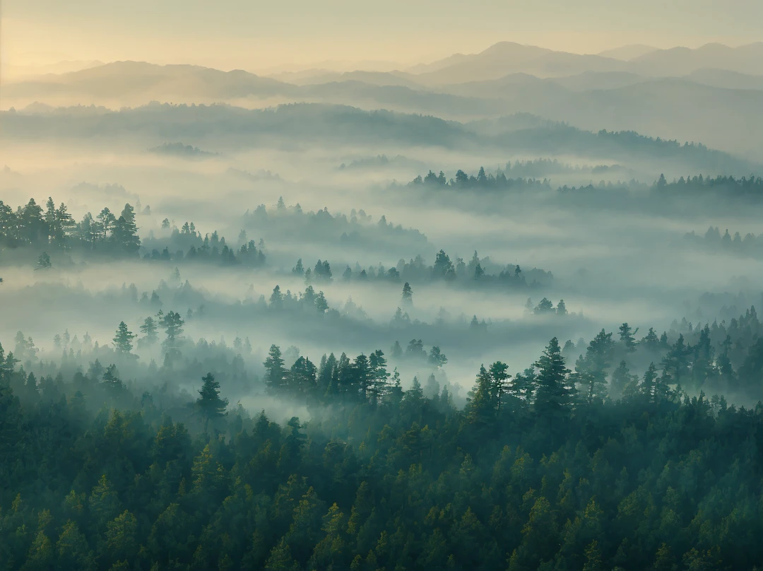 "An ultra-detailed and delicate masterpiece depicting a captivating scene of the pine forest shrouded in mist and gloom, with a soft and tranquil atmosphere of early morning twilight without the sun."