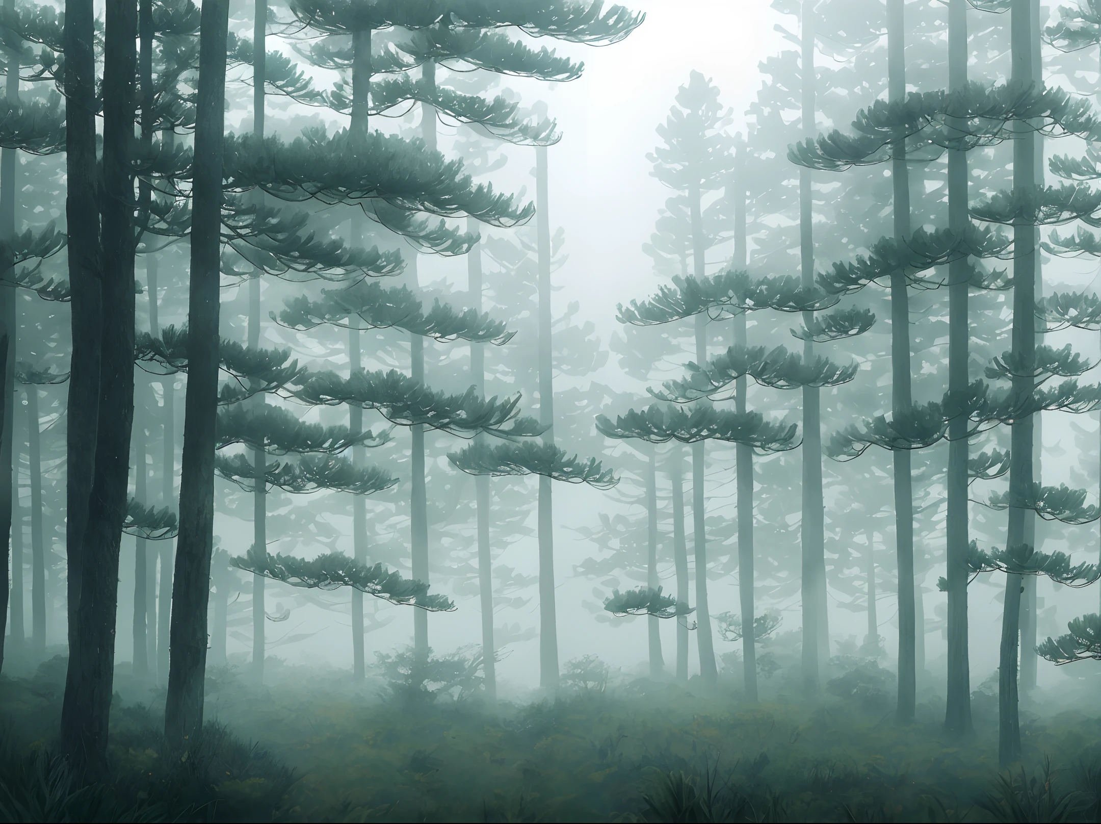 "An ultra-detailed and delicate masterpiece depicting a captivating scene of the pine forest shrouded in mist and gloom, with a soft and tranquil atmosphere of early morning twilight without the sun."