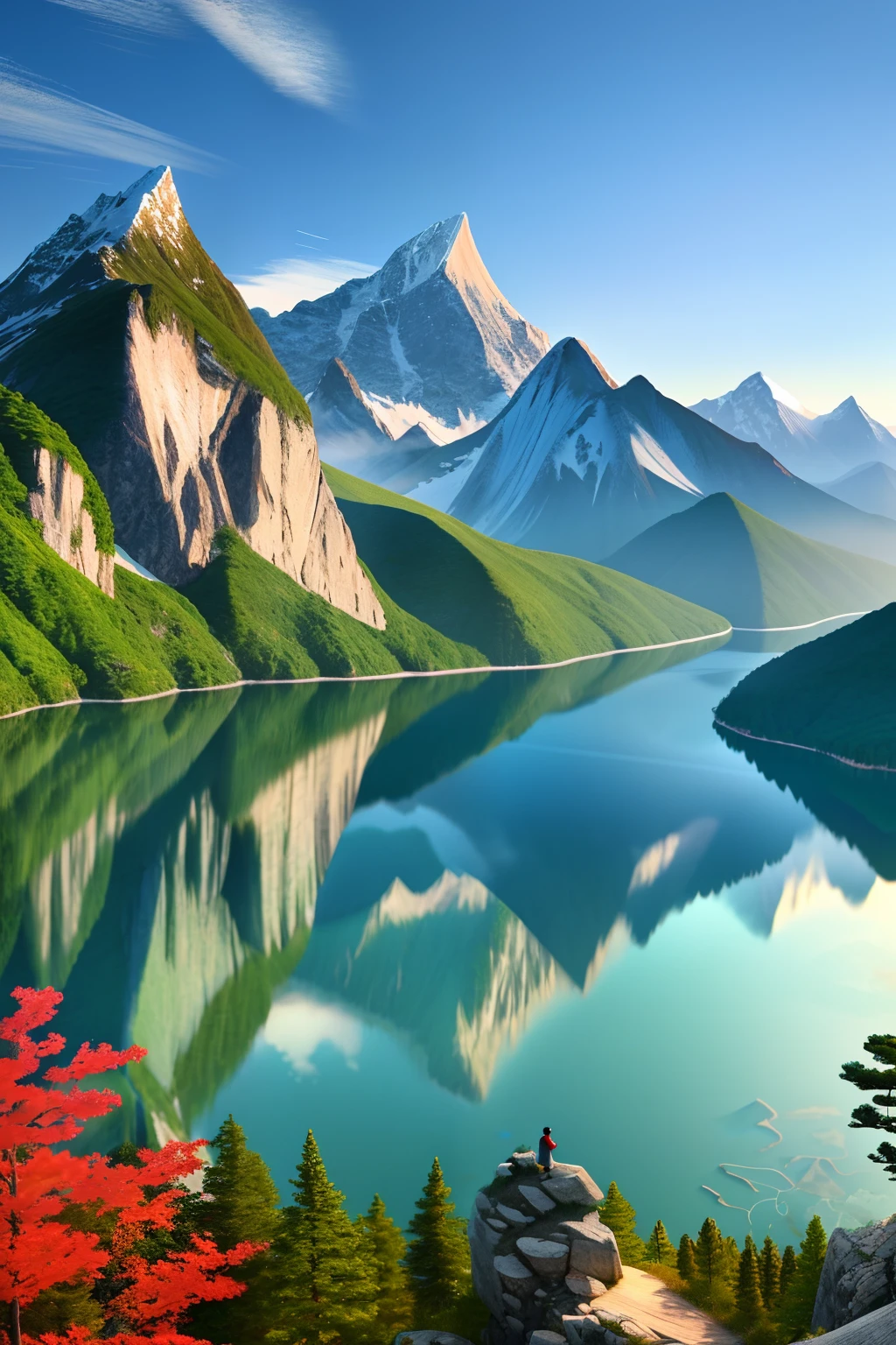 a beautiful korean mountain with lake, (masterpiece), (portrait), (raw photo), (extremely detailed CG unity 8k wallpaper) Intricate, Sharp focus, dramatic, photorealistic  art