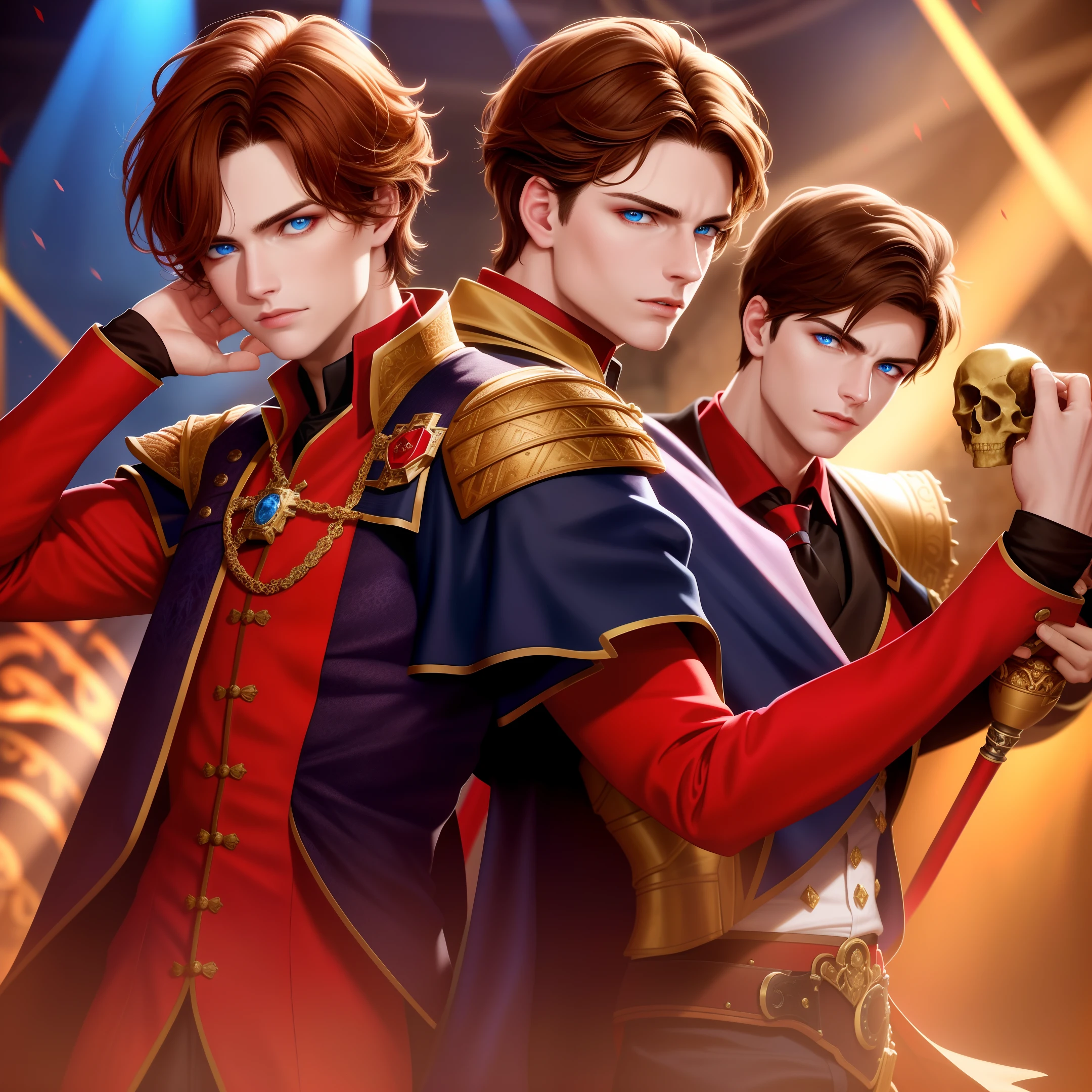 (dramatic illumination, dynamic angle, intense color contrast), [(teen boy with brown hair and blue eyes: 1.2), (holding skull: 1.2), (wearing red shakespearian outfit 1.1), (on outdoor stage 1.1)], (bright spotlight, lively music)