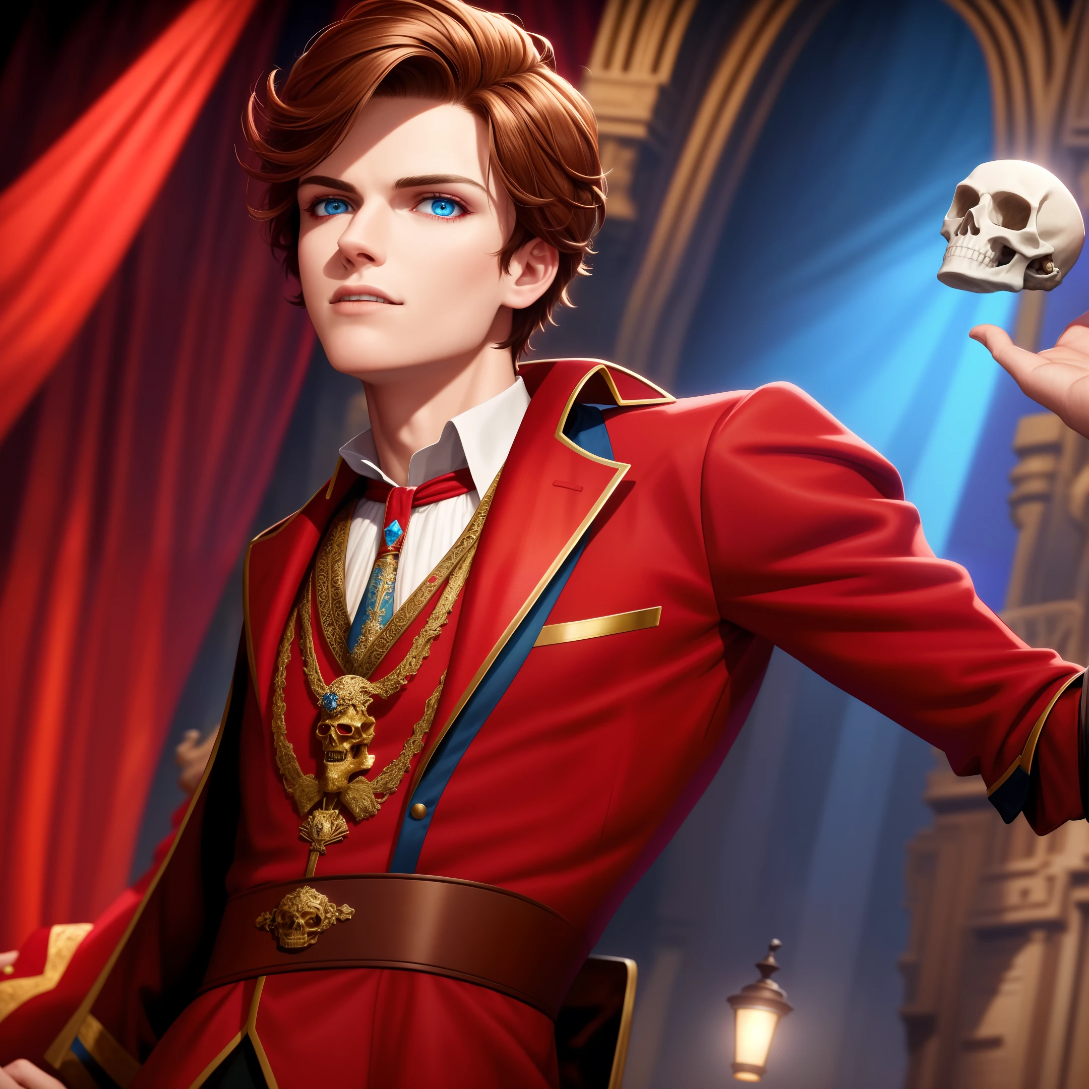 (dramatic illumination, dynamic angle, intense color contrast), [( boy with brown hair and blue eyes: 1.2), (holding skull: 1.2), (wearing red shakespearian outfit 1.1), (on outdoor stage 1.1)], (bright spotlight, lively music)