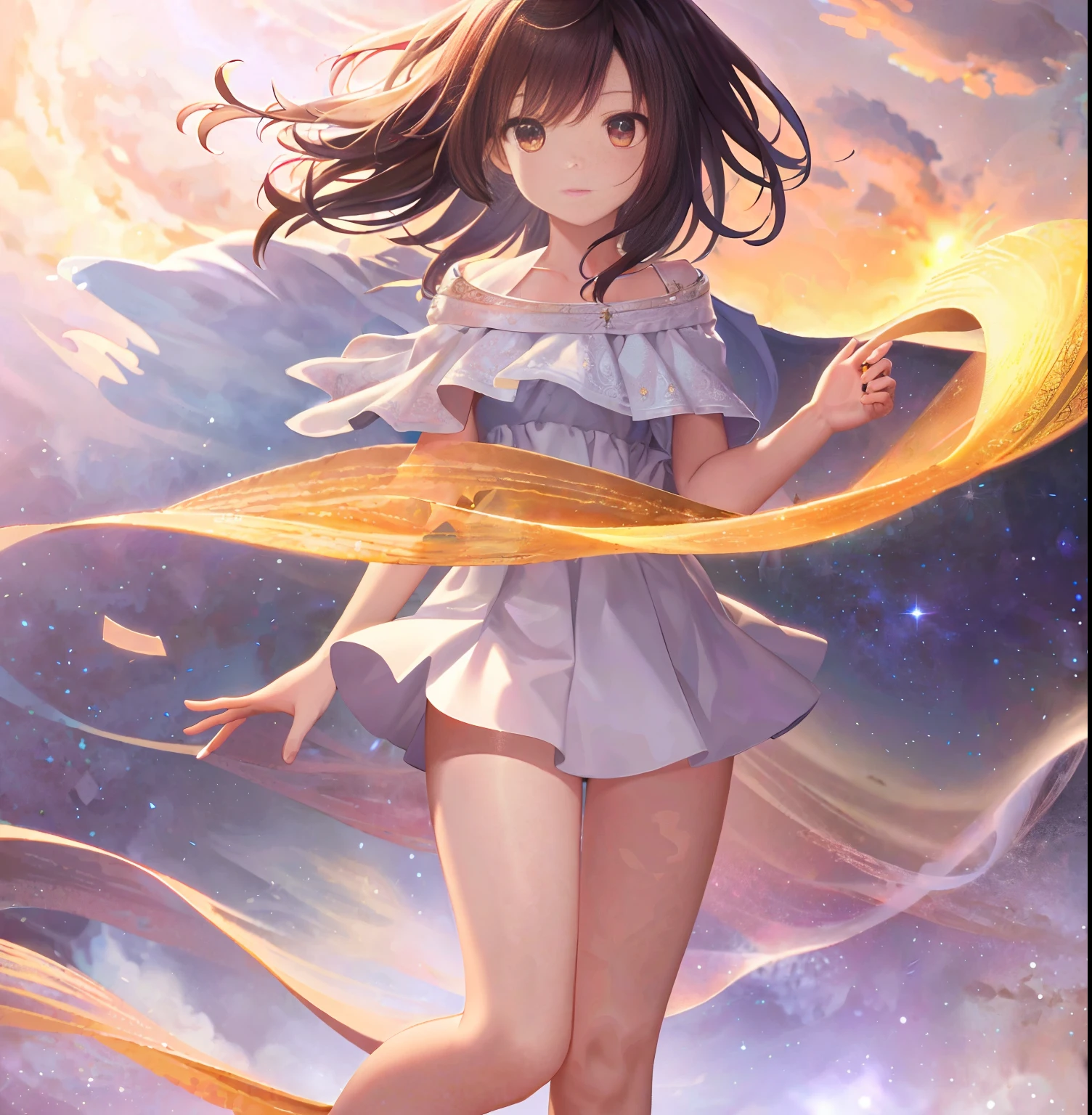 Stable Diffusion Prompt:
(masterpiece, best quality, ultra-detailed CG unity 8k wallpaper),floating,high resolution,deep and dreamy,
[(Flan, her wings made of seven philosopher's stones, standing in front of us with a shining galaxy exploding behind her, giving a godly and majestic vibe, mesmerizing with all her beauty)::1.5],
[:(Cosmic background, glowing nebulas and galaxies, with stars shining brightly and warmly in the infinite universe):0.4]