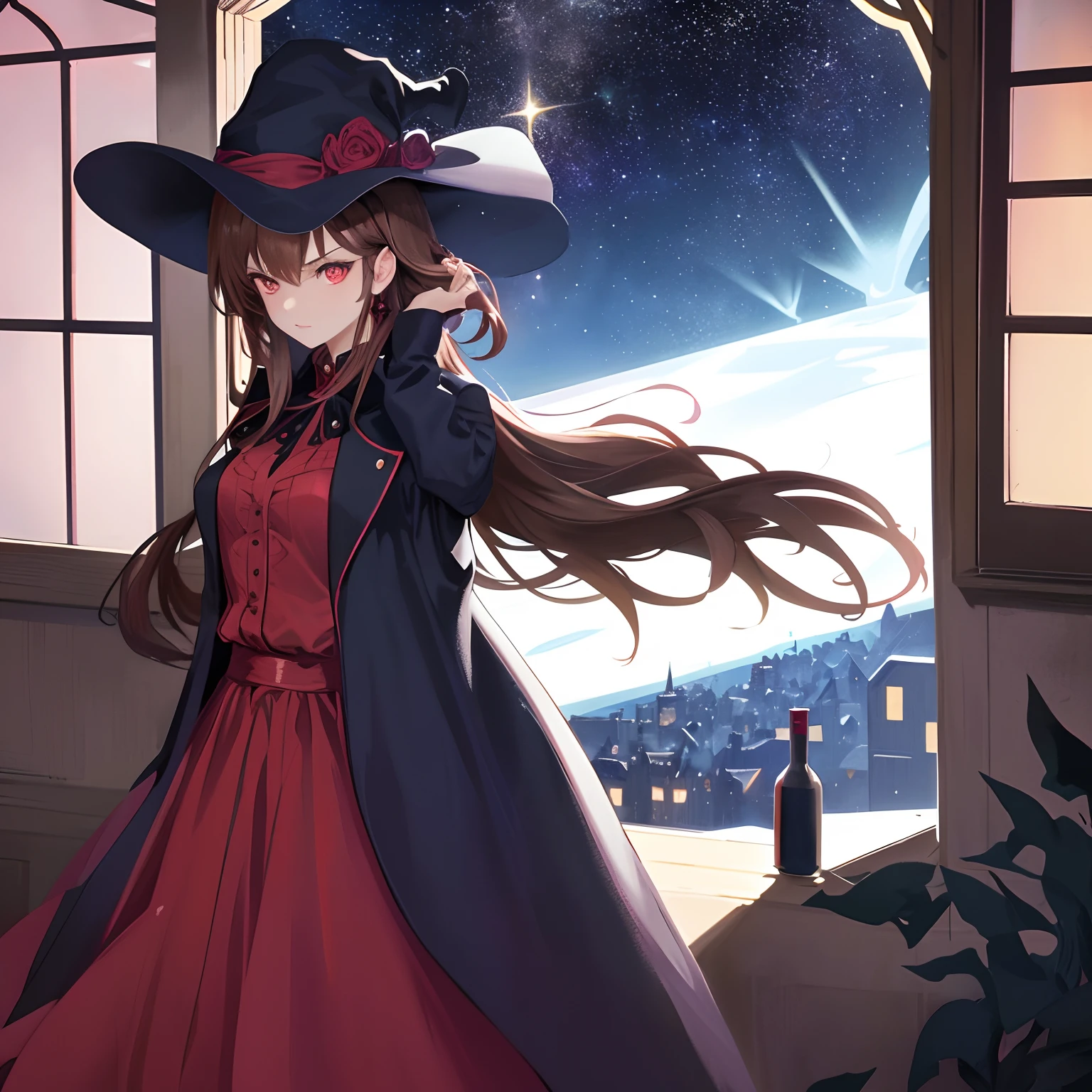 An anime catwoman with wine red eyes, light brown hair, wearing a loose blue wizard robe, and a big wizard hat stands by the window, looking out of the window melancholy in the night. Outside the window is the dazzling starlight, outside the window is the bright starry sky. The camera captured the figure of the girl with her hands on the window sill, with a solemn atmosphere. (dynamic angle, (1girl), wine red eyes, (light brown hair), (catwoman), (big blue wizard robe + big wizard hat), (serious expression), (starlight), (starry sky), (hand - on the windowsill), (side view): 0.8)