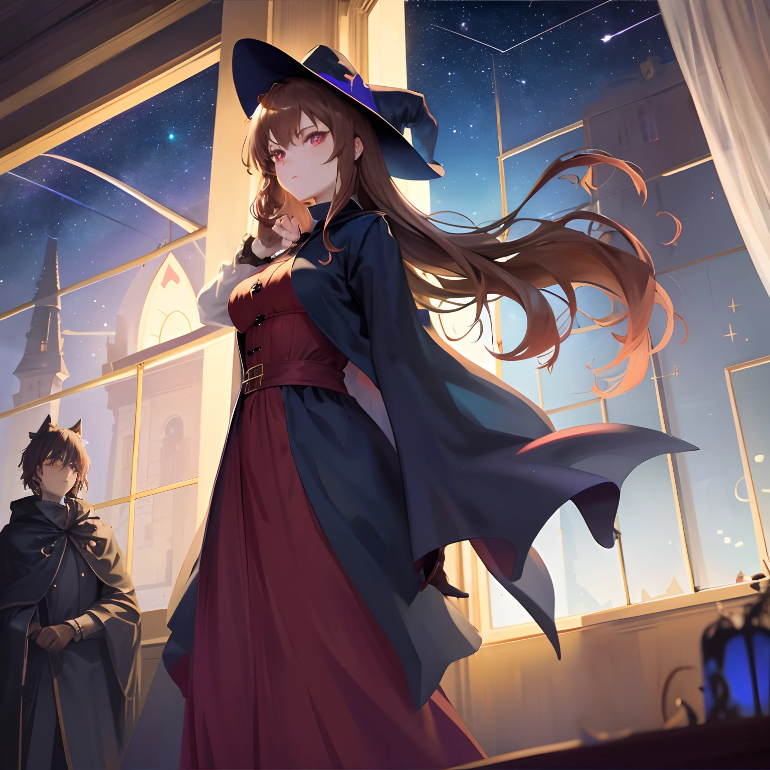 An anime catwoman with wine red eyes, light brown hair, wearing a loose blue wizard robe, and a big wizard hat stands by the window, looking out of the window melancholy in the night. Outside the window is the dazzling starlight, outside the window is the bright starry sky. The camera captured the figure of the girl with her hands on the window sill, with a solemn atmosphere. (dynamic angle, (1girl), wine red eyes, (light brown hair), (catwoman), (big blue wizard robe + big wizard hat), (serious expression), (starlight), (starry sky), (hand - on the windowsill), (side view): 0.8)