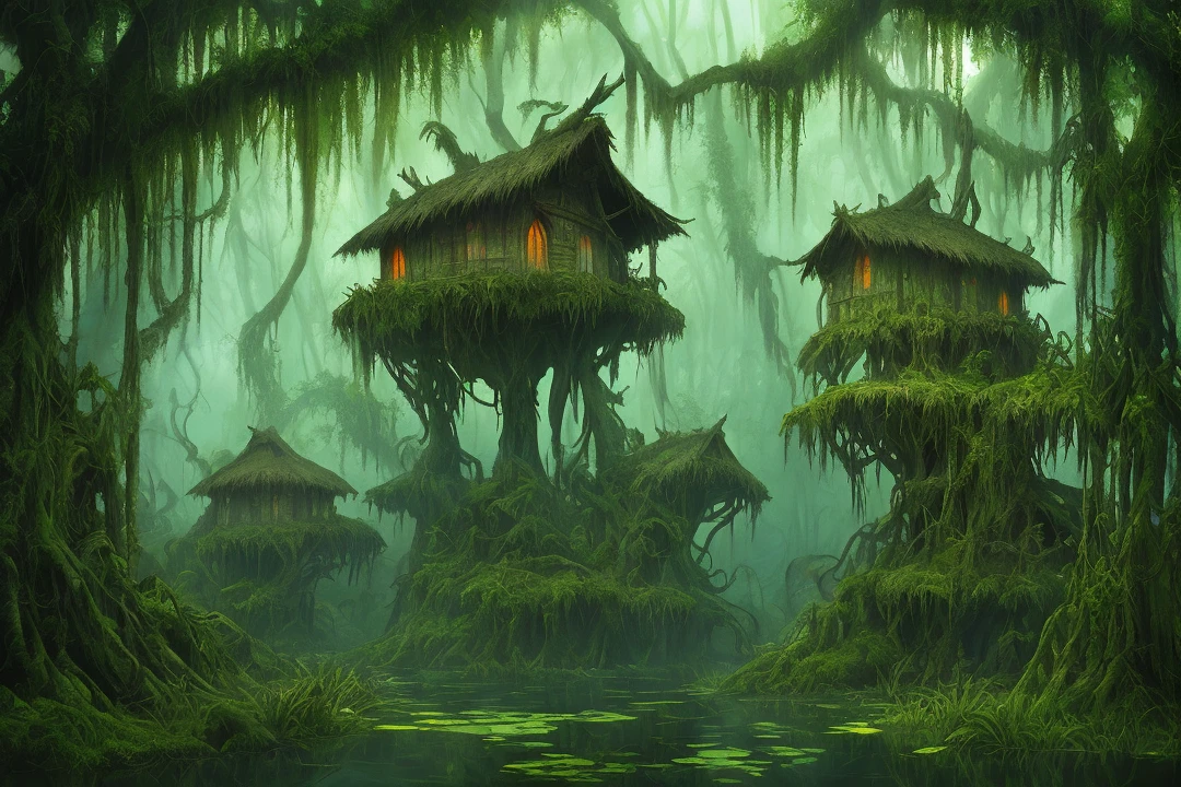 aspect ratio: 16:9, stylized art, masterpiece, best quality, high resolution, swamp jungle, shaman's hut, dark fantasy