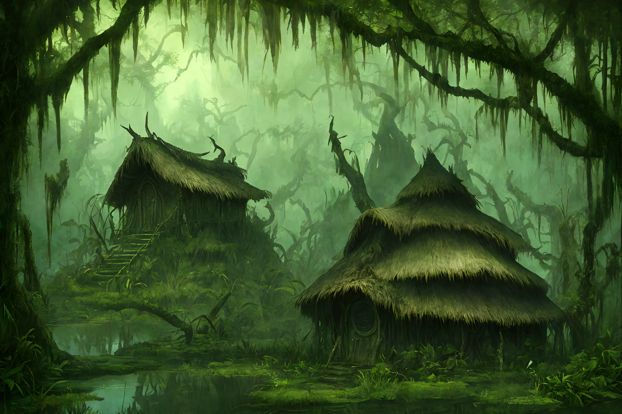 aspect ratio: 16:9, stylized art, masterpiece, best quality, high resolution, swamp jungle, shaman's hut, dark fantasy