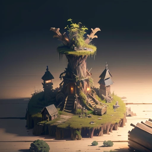 aspect ratio: 16:9, stylized art, masterpiece, best quality, high resolution, swamp jungle, campfire in village center, dark fantasy