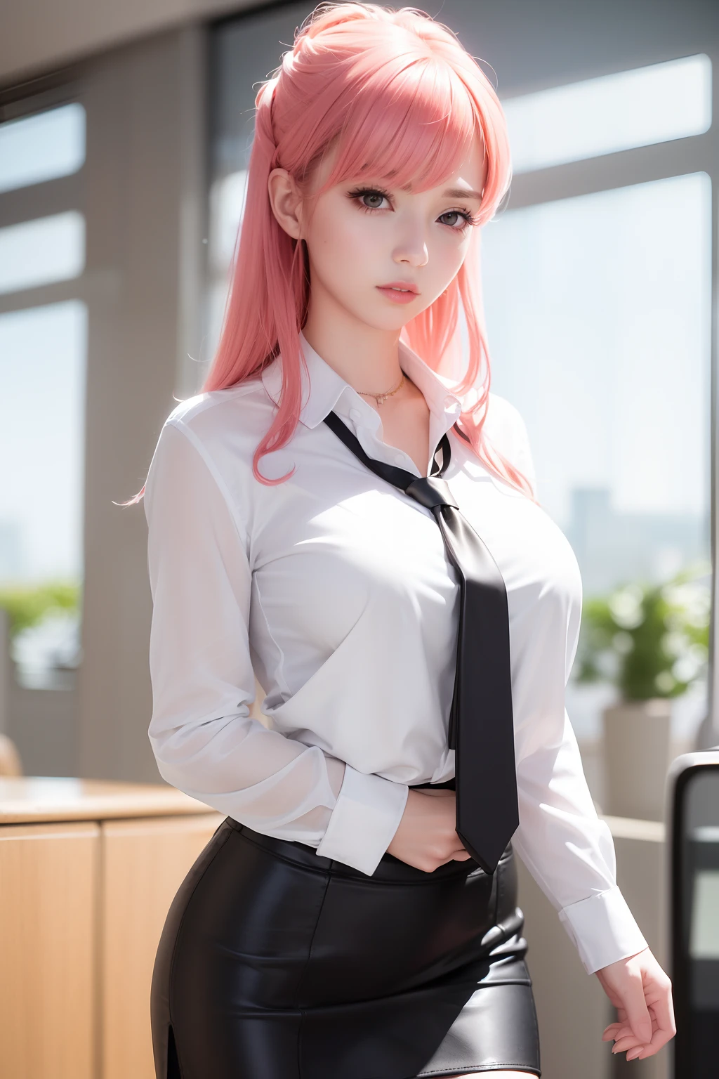 masterpiece, best quality, realistic, 1girl, walking in beijing, ((sexy office lady, white shirt with tie, tight mini black leather skirt)), fancy necklace, f-cup breast, dress view, (PureErosFace_V1:0.6), pink hair