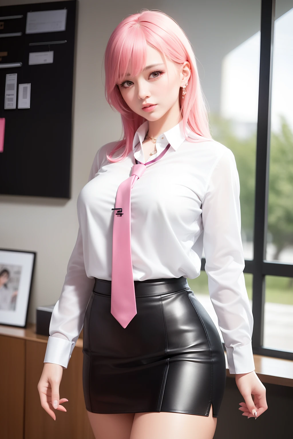 masterpiece, best quality, realistic, 1girl, walking in beijing, ((sexy office lady, white shirt with tie, tight mini black leather skirt)), fancy necklace, thick thighs, f-cup breast, dress view, (PureErosFace_V1:0.6), pink hair
