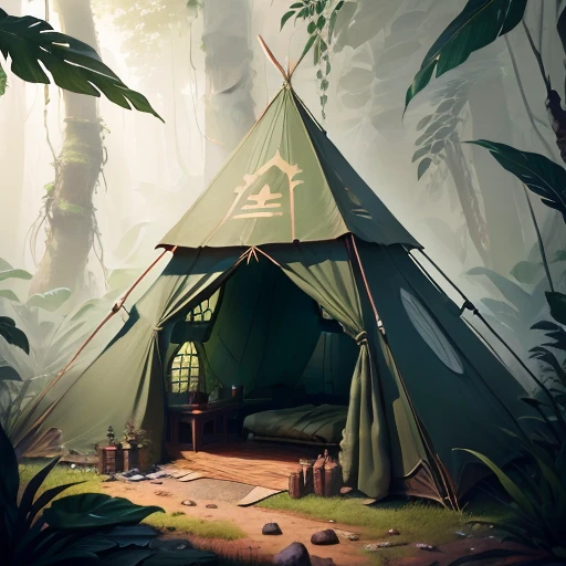 ratio: 16:9, stylized art, masterpiece, best quality, high resolution, dark fantasy, scene: command tent, jungle, dirt floor