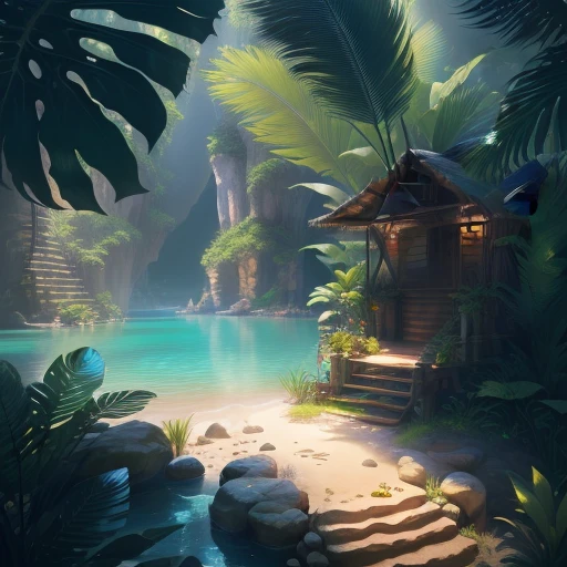 ratio: 16:9, stylized art, masterpiece, best quality, high resolution, (((dark fantasy))), scene: (camp) fantasy, tropical, dirt floor