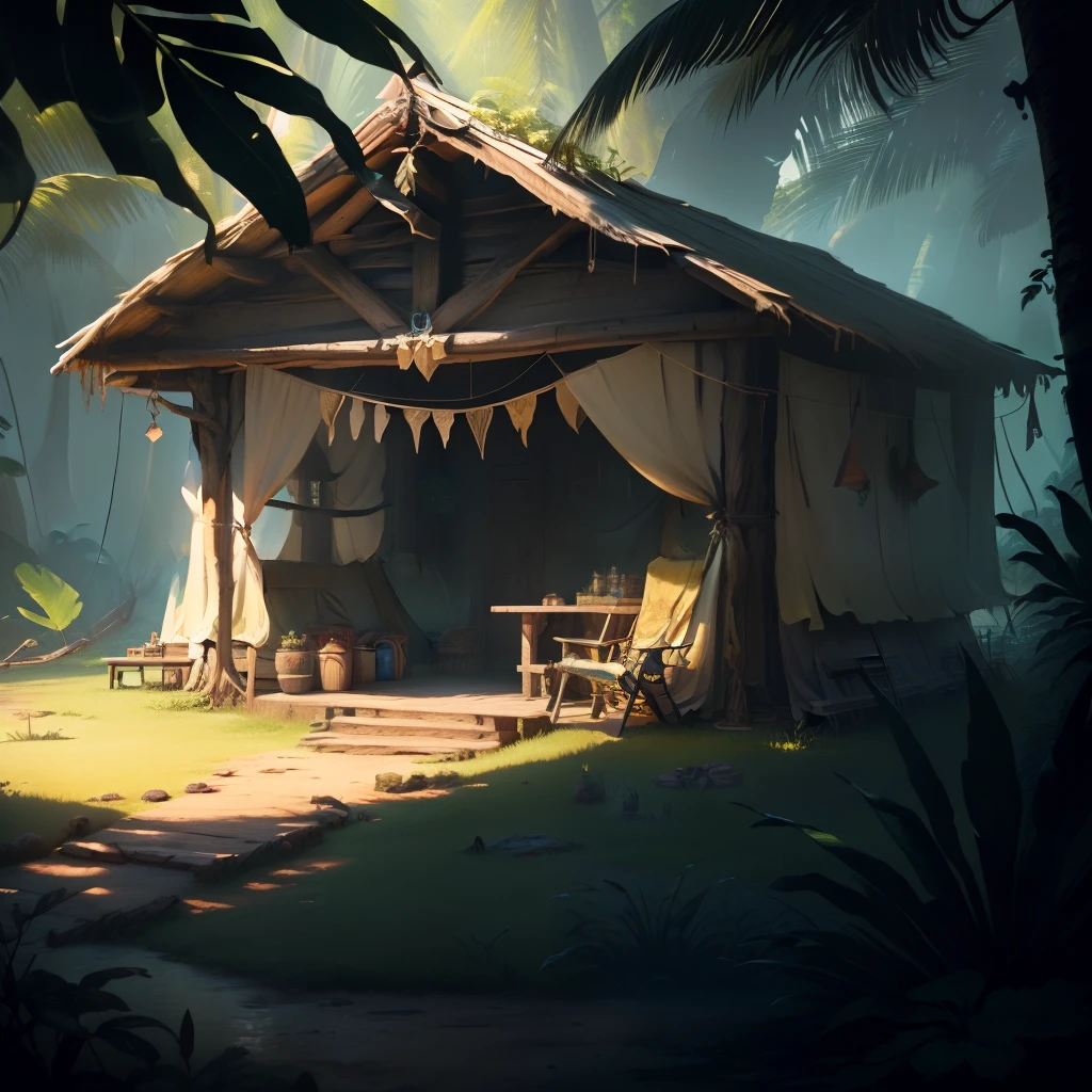 ratio: 16:9, stylized art, masterpiece, best quality, high resolution, (((dark fantasy))), scene: (camp) fantasy, tropical, dirt floor
