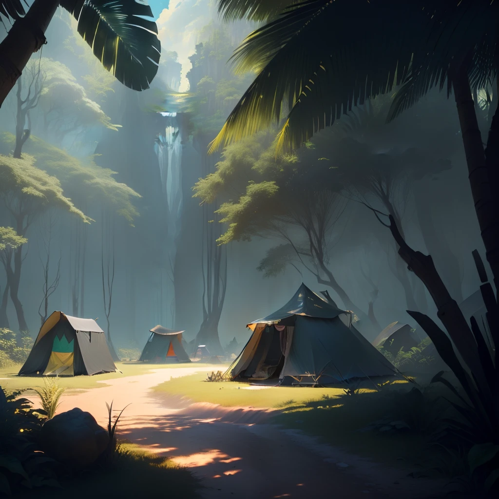 ratio: 16:9, stylized art, masterpiece, best quality, high resolution, (((dark fantasy))), scene: (camp) fantasy, tropical, dirt floor