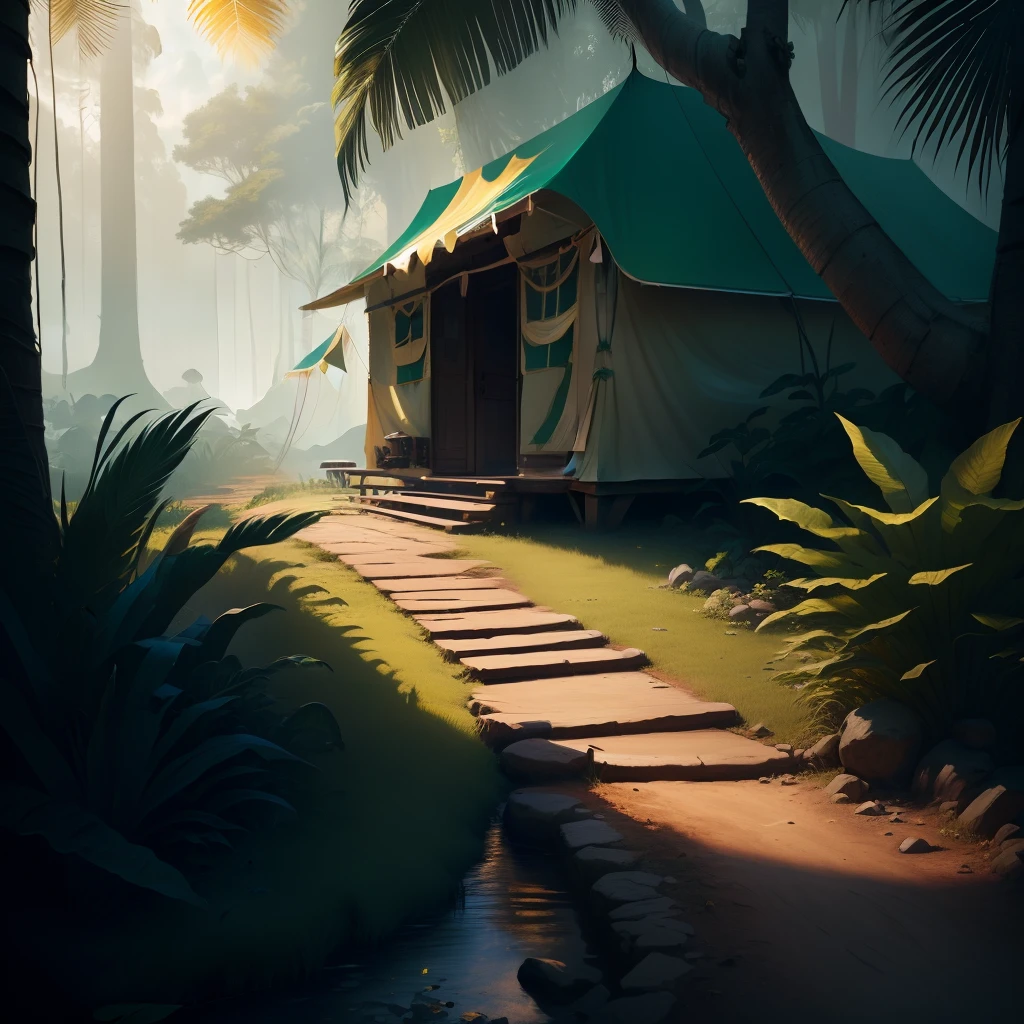 ratio: 16:9, stylized art, masterpiece, best quality, high resolution, (((dark fantasy))), scene: (camp) fantasy, tropical, dirt floor
