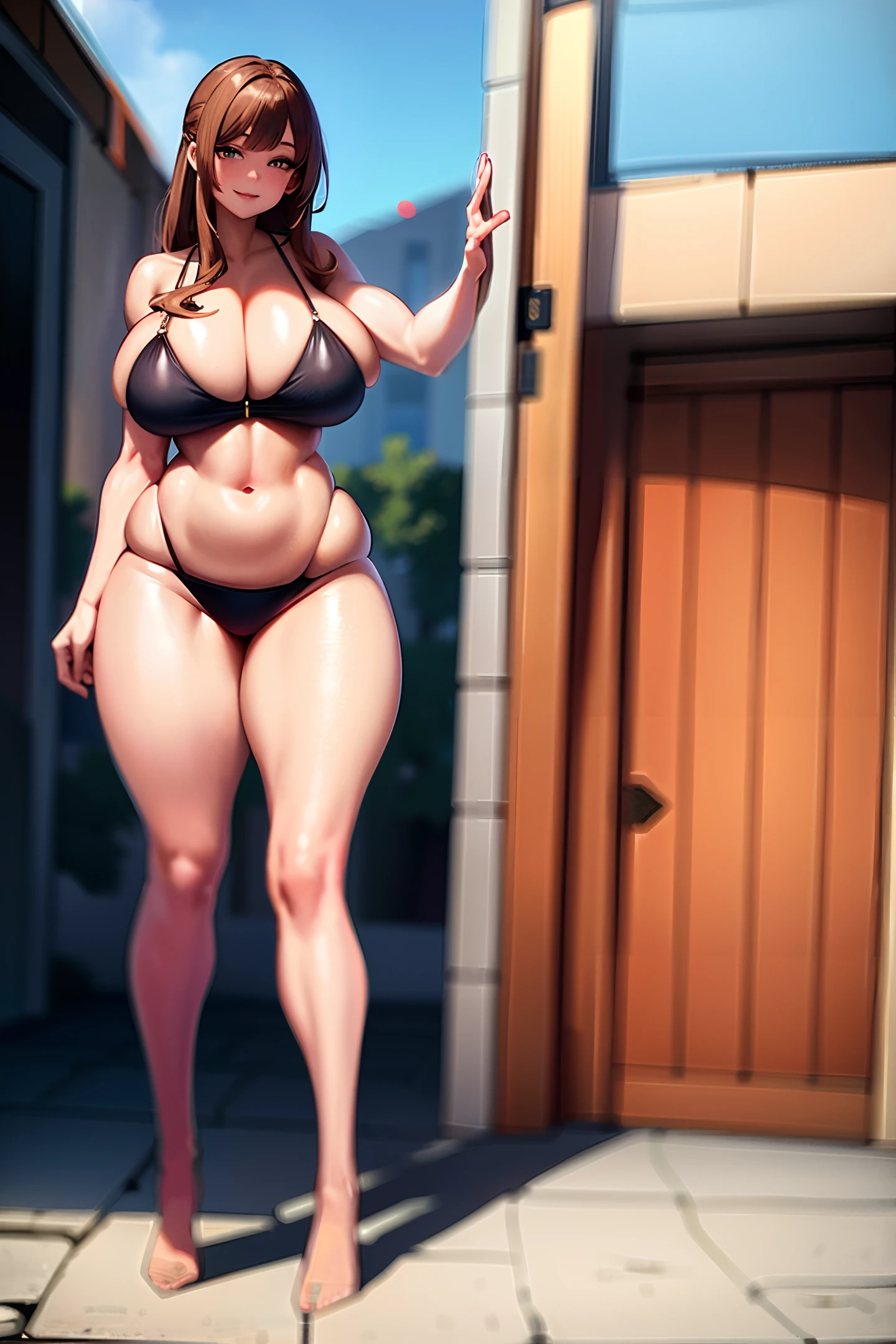 best quality, ultra high resolution, 1 girl, caucasian, big boobs, (light brown hair: 1), looking at viewer, smiling, cute, full body (thick legs: 1), outside door, detailed eyes, detailed face, ass huge, light smile, Best quality, realistic, realistic, extremely detailed, extremely delicate and beautiful, RAW photo, full body, 1 beauty, no underwear