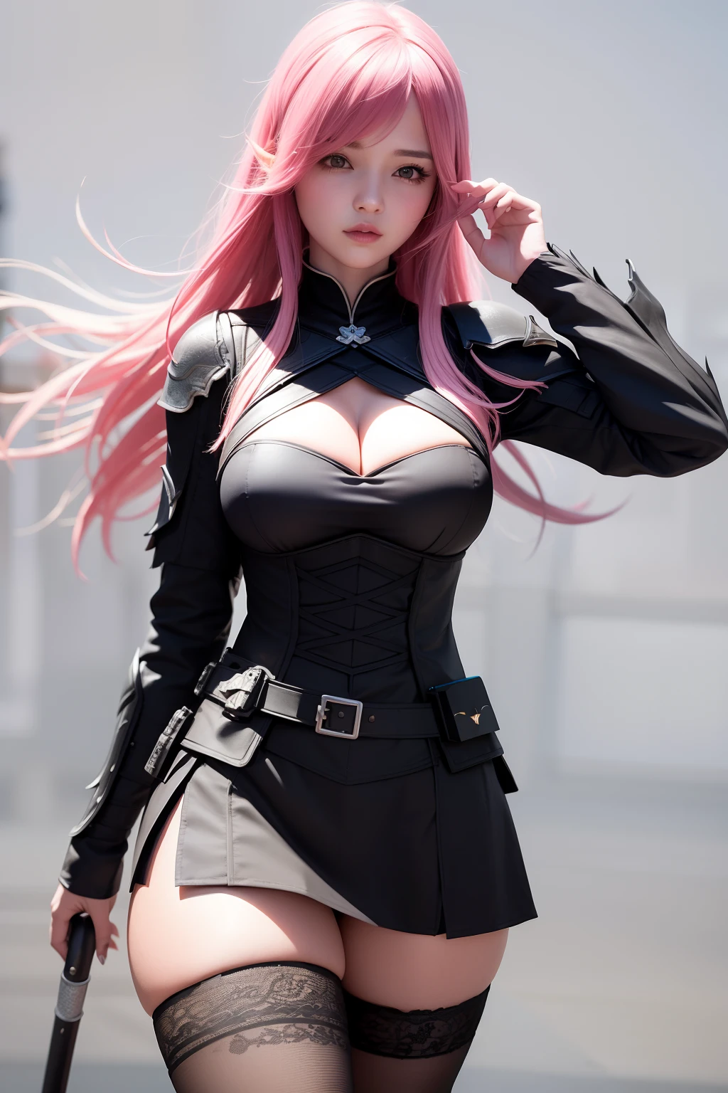 masterpiece, best quality, realistic, 1girl, walking in beijing, (black desert online, dark knight outfit)), thick thighs, f-cup breast, dress view, (PureErosFace_V1:0.6), pink hair
