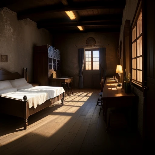 ratio: 16:9, stylized art, masterpiece, best quality, high resolution, ((dark fantasy)), scene: wooden barracks, dirt floor, beds