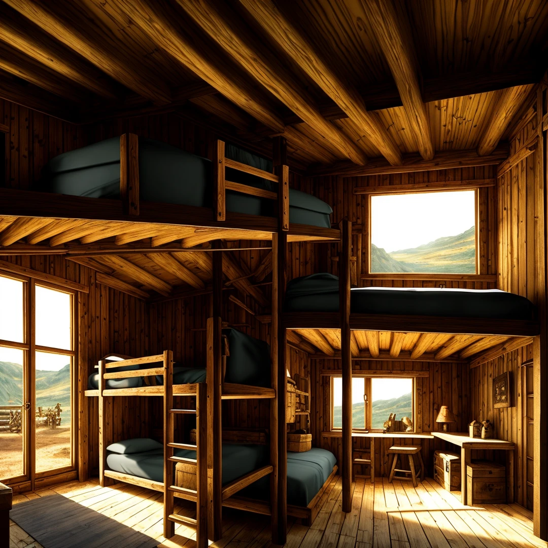 ratio: 16:9, stylized art, masterpiece, best quality, high resolution, ((dark fantasy)), scene: barracks in a cabin, dirt floor, bunk beds