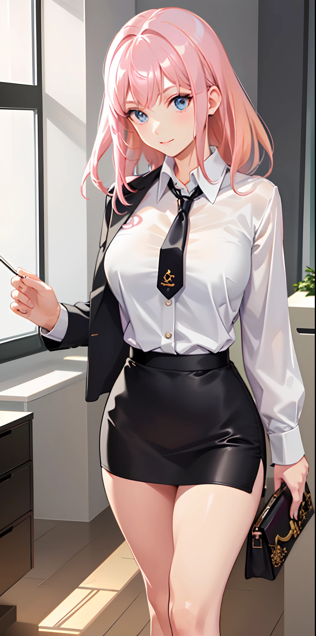 masterpiece, best quality, 1girl, walking ((sexy office lady, white shirt with tie, tight mini black leather skirt)), fancy necklace, thick thighs, f-cup breast, dress view, (PureErosFace_V1:0.6), pink hair