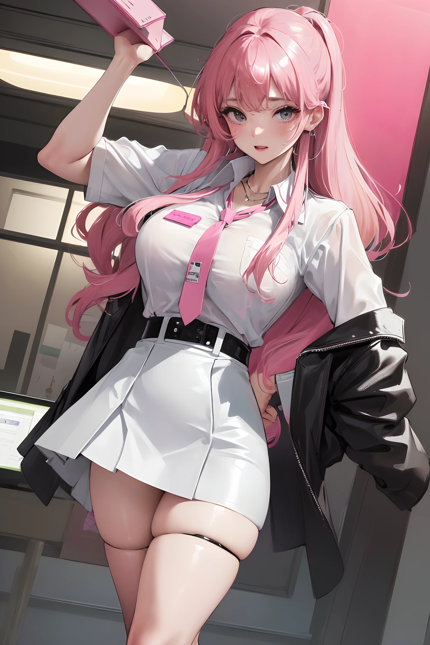 masterpiece, best quality, 1girl, walking ((sexy office lady, white shirt with tie, tight mini black leather skirt)), fancy necklace, thick thighs, f-cup breast, dress view, (PureErosFace_V1:0.6), pink hair