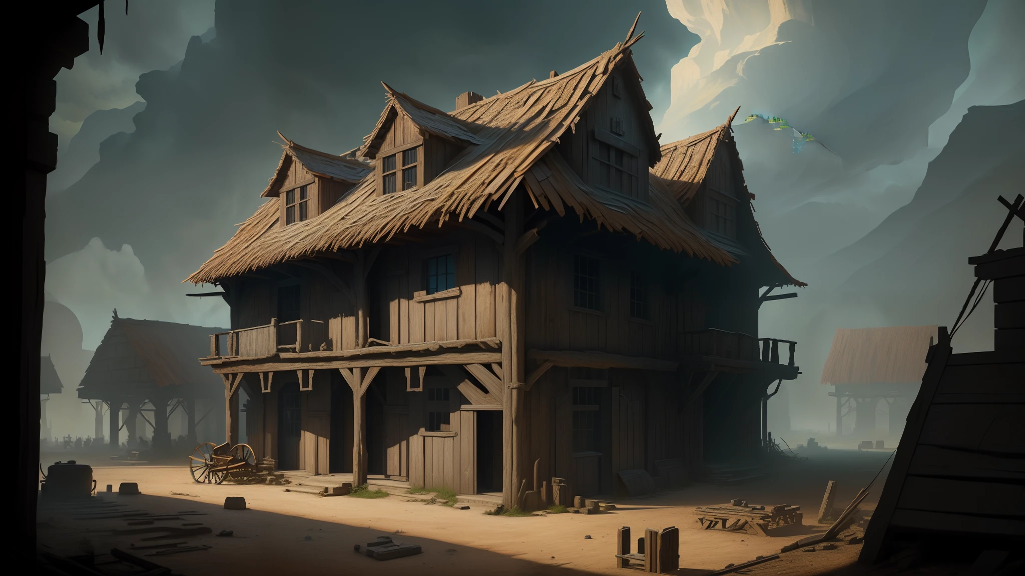 ratio: 16:9, stylized art, masterpiece, best quality, high resolution, ((dark fantasy)), scene: rustic barracks, dirt floor, beds