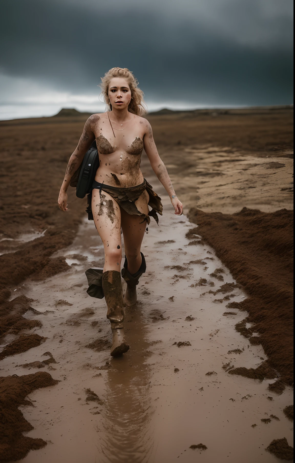 Woman on battlefield, smoke, dead body, bare feet, dramatic lighting, highest quality, movie stills, (fit female body, (torn clothes: 0.8), perfect face, looking at viewer, (skin details), [tattoos] , [Freckles], (( dirty)), (mud), (storm cloud: 0.7), (stormy weather: 0.5), dark, natural light, (direct light: 0.4), 8mm film grain, using Sony a9 II, 24mm lens, F/2.8 Aperture , deep focus, (RAW), 8k