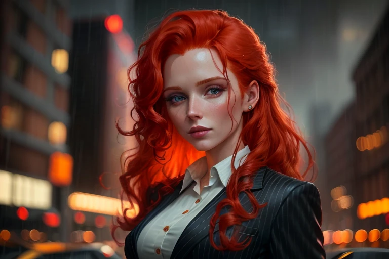 (DollieNobodySD15:0.8) portrait beautiful ginger woman wearing a business suit long sleeve button shirt caught in the rain curly red hair wet hair, busy city background night dark, (masterpiece:1.2) (illustration:1.1) (best quality:1.2) (detailed) (intricate) (8k) (HDR) (wallpaper) (cinematic lighting) (sharp focus)
