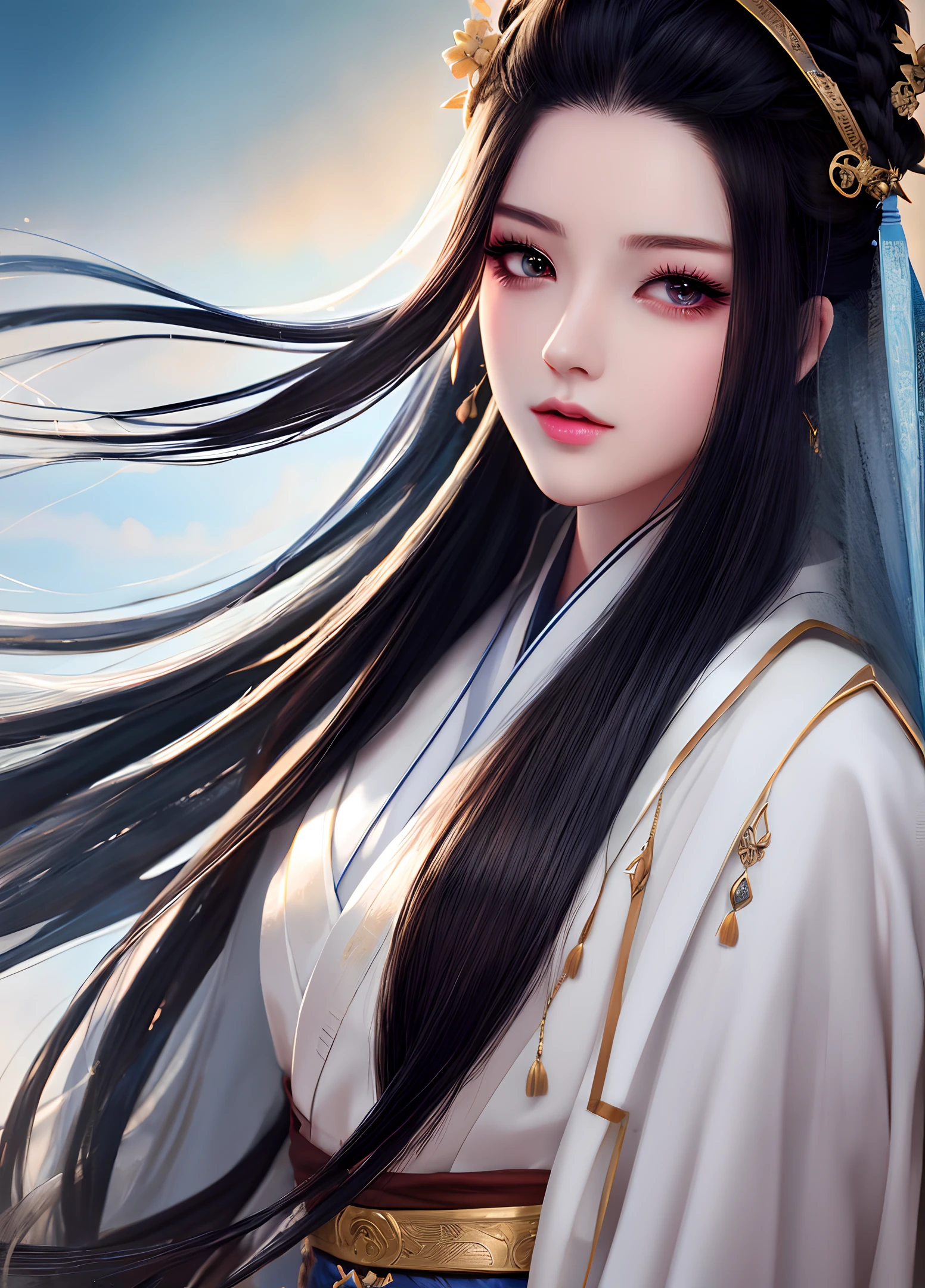 Best quality, masterpiece, high resolution, 1girl, oval face, long eyelashes, fair skin, upper body, peerless beauty, 1 female, flowing long hair, black hair, Hanfu, atmosphere, masterpiece, 8k