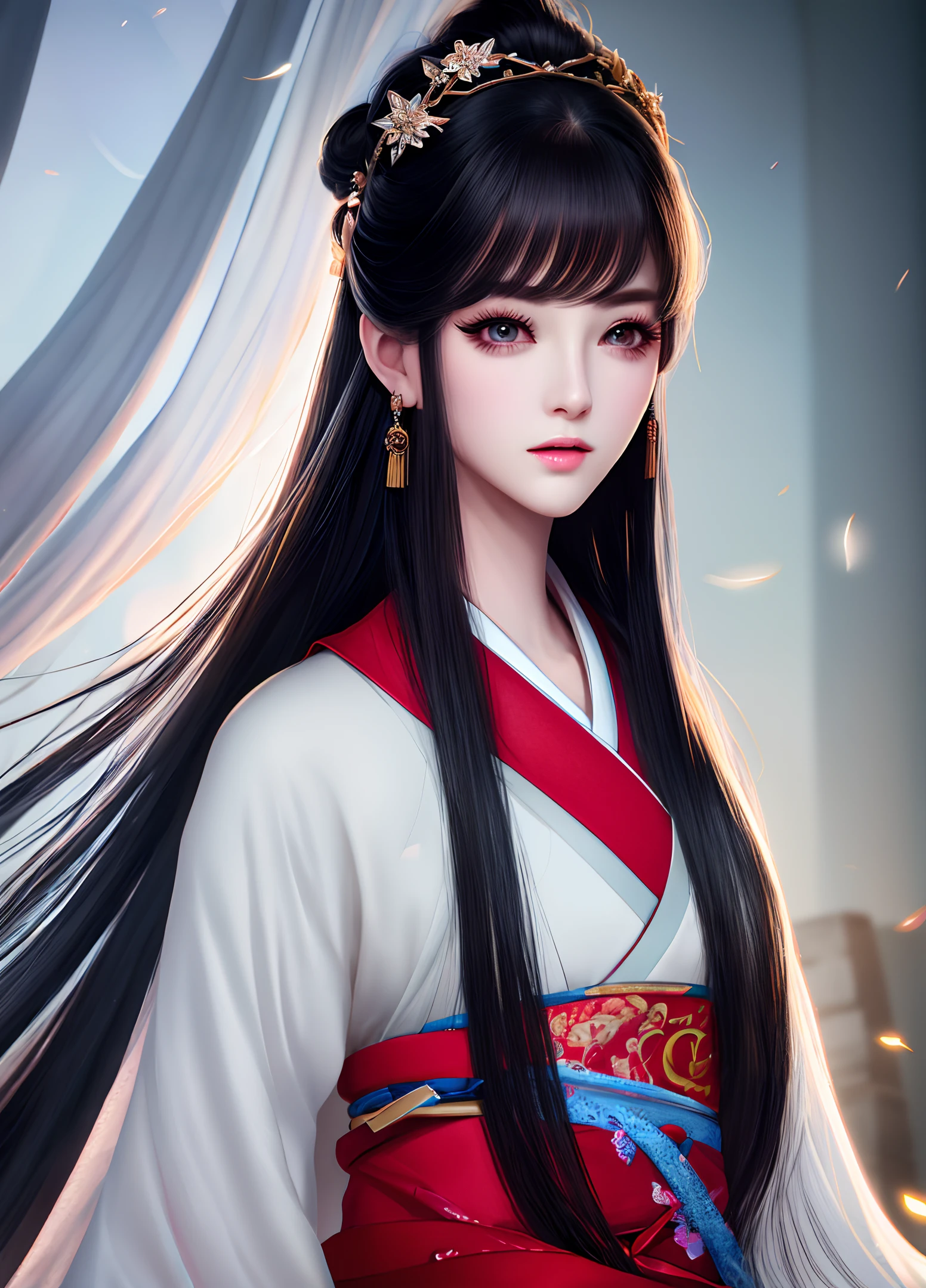 Best quality, masterpiece, high resolution, 1girl, oval face, long eyelashes, fair skin, upper body, peerless beauty, 1 female, flowing long hair, black hair, Hanfu, atmosphere, masterpiece, 8k