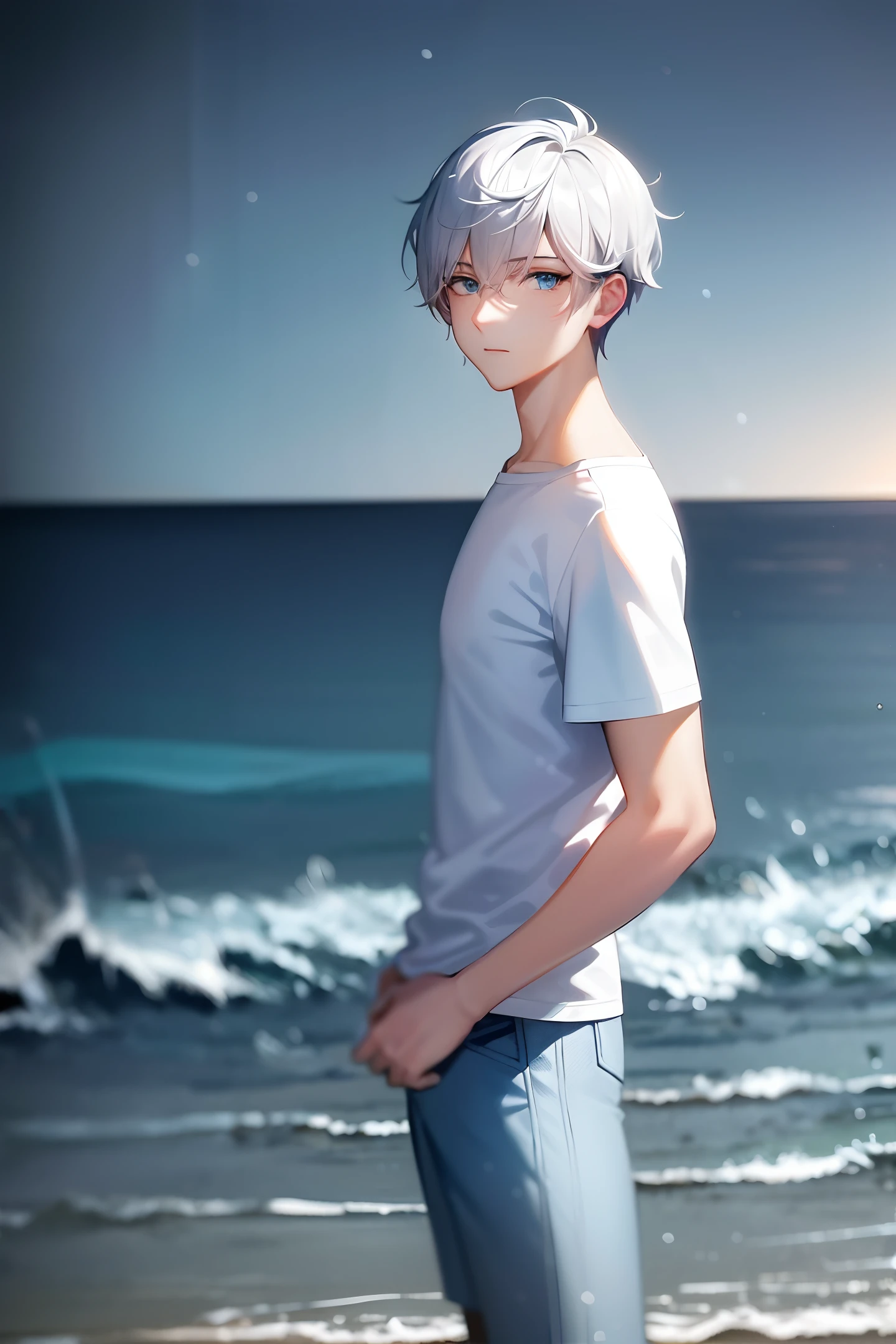 "An exquisitely detailed and beautifully rendered CG artwork featuring the epic, blue-eyed protagonist Gojou Satoru gazing directly at the viewer while standing at the sea background, white T-shirt, Blue pants, (On the beach:1.2), (Lots of waves rain:1.2), styled with a captivating hairdo, accentuated with bangs and hair between eyes, highlighting his distinctive and stylish white and short hair,  This dynamic composition expertly showcases his strong male focus, in a manner that captivates and intrigues viewers."