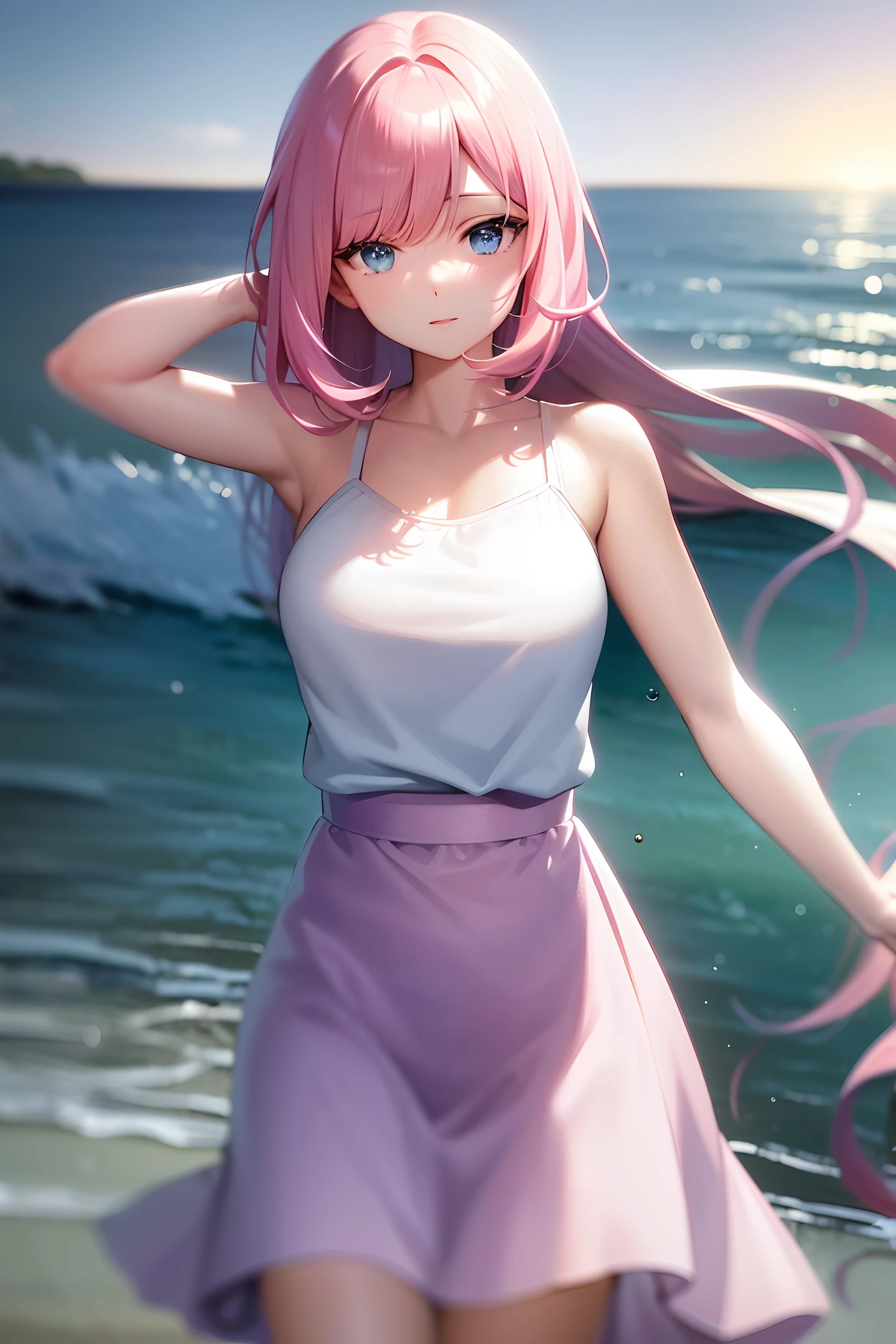 &quot;Delicately detailed and beautifully rendered CG artwork, the epic blue-eyed protagonist Gojou Satoru stands against the backdrop of the ocean looking directly at the viewer, wearing a white t-shirt, (Pink skirt: 1.2), (on the beach: 1.2), (big waves and rain: 1.2), with The glamorous hairstyle, which accentuates the bangs and the hair between the eyes, (pink long hair: 1.2), accentuates his unique and stylish white and short hair in a way that captivates and captivates the viewer.&quot;