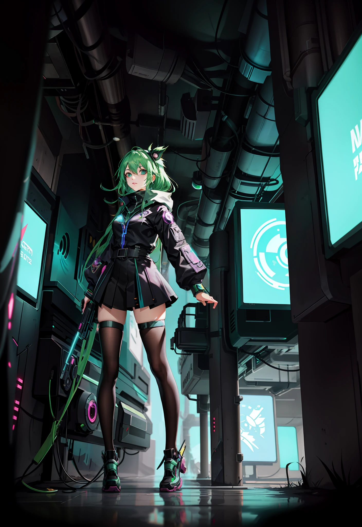 anime girl cyberpunk futuristic background forest splash art league of legends style 