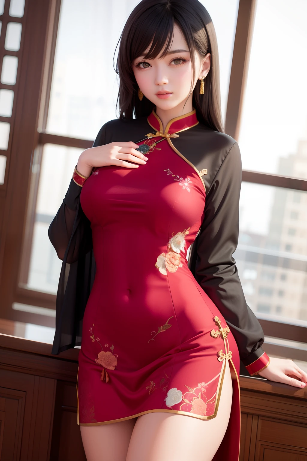 masterpiece, best quality, realistic, 1girl, cheongsam, thick thighs, f-cup breast, dress view, (PureErosFace_V1:0.6)