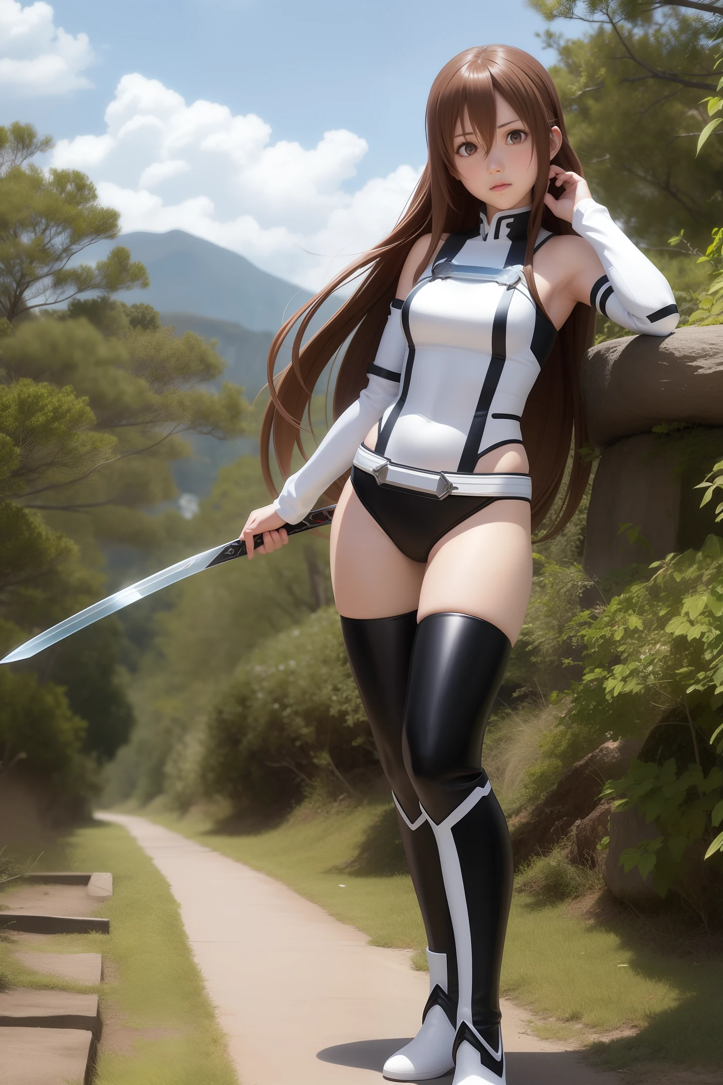 Asuna yuuki from sword art online, standing in a hyper-realistic world with full-body detail, sharp focus, and a hot presence.