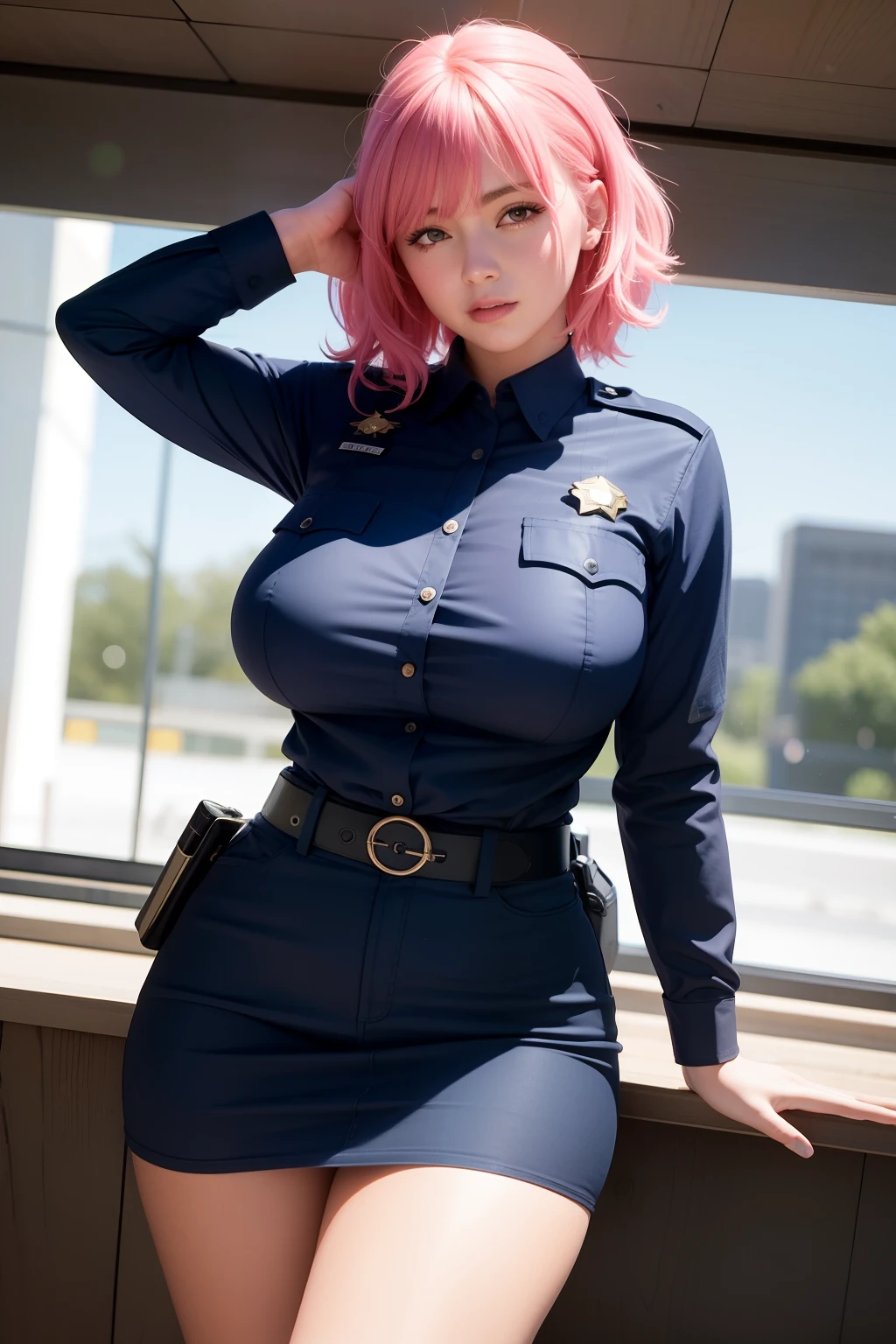 masterpiece, best quality, realistic, 1girl, sexy police officer, thick thighs, f-cup breast, dress view, (PureErosFace_V1:0.6), pink hair