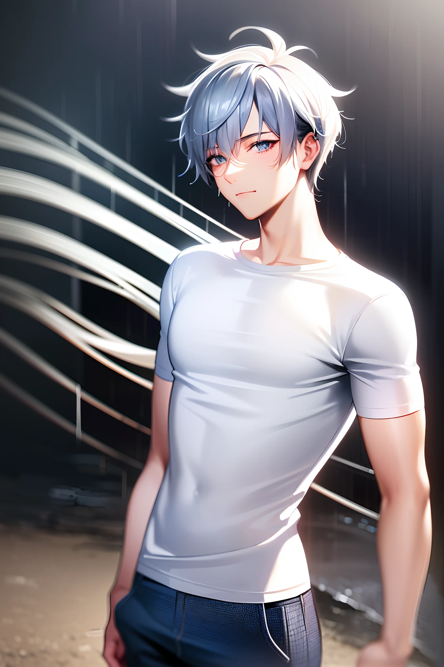 "An exquisitely detailed and beautifully rendered CG artwork featuring the epic, blue-eyed protagonist Gojou Satoru gazing directly at the viewer while standing at the sea background, Low collar T-shirt, Light blue pants, (On the beach:1.2), (Lots of waves rain:1.2), styled with a captivating hairdo, accentuated with bangs and hair between eyes, highlighting his distinctive and stylish white and short hair, in a manner that captivates and intrigues viewers."