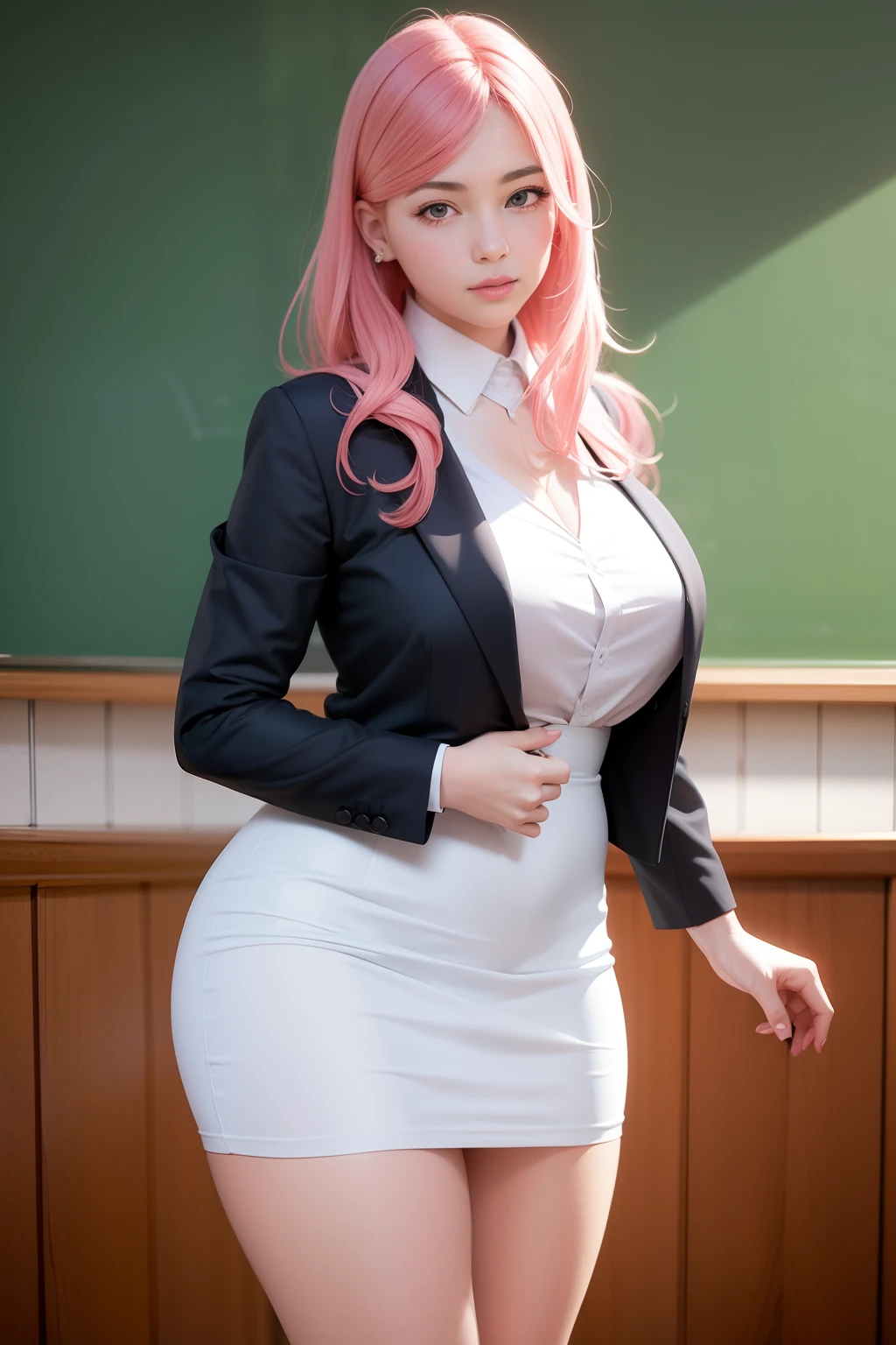 masterpiece, best quality, realistic, 1girl, sexy school teacher, thick thighs, f-cup breast, dress view, (PureErosFace_V1:0.6), long pink hair