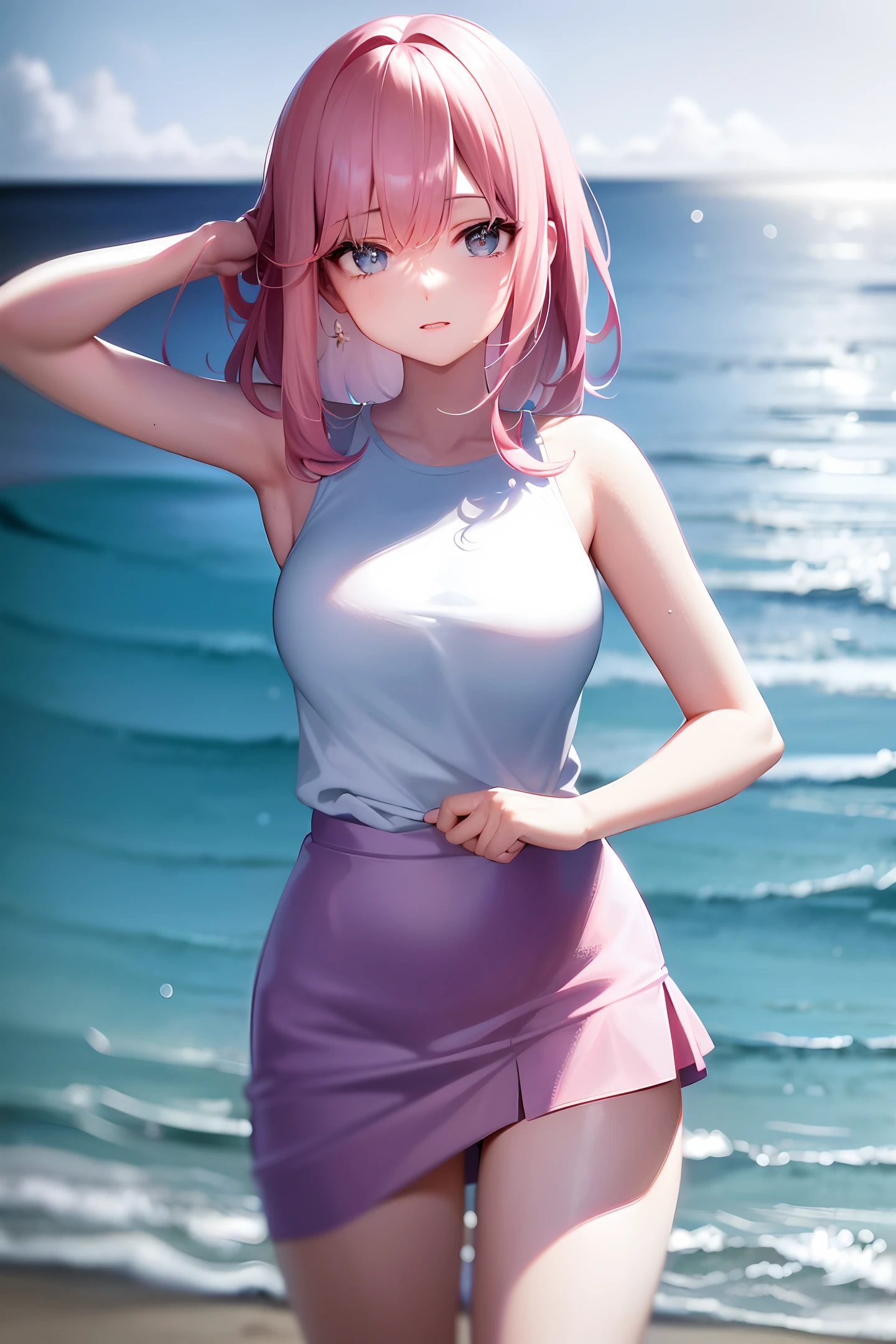 "Delicately detailed and beautifully rendered CG artwork, the epic blue-eyed protagonist Gojou Satoru stands against the backdrop of the ocean looking directly at the viewer, wearing a white t-shirt, (Pink skirt: 1.2), (on the beach: 1.2), (big waves and rain: 1.2), with The glamorous hairstyle, which accentuates the bangs and the hair between the eyes, (pink long hair: 1.2), accentuates his unique and stylish white and short hair in a way that captivates and captivates the viewer."
