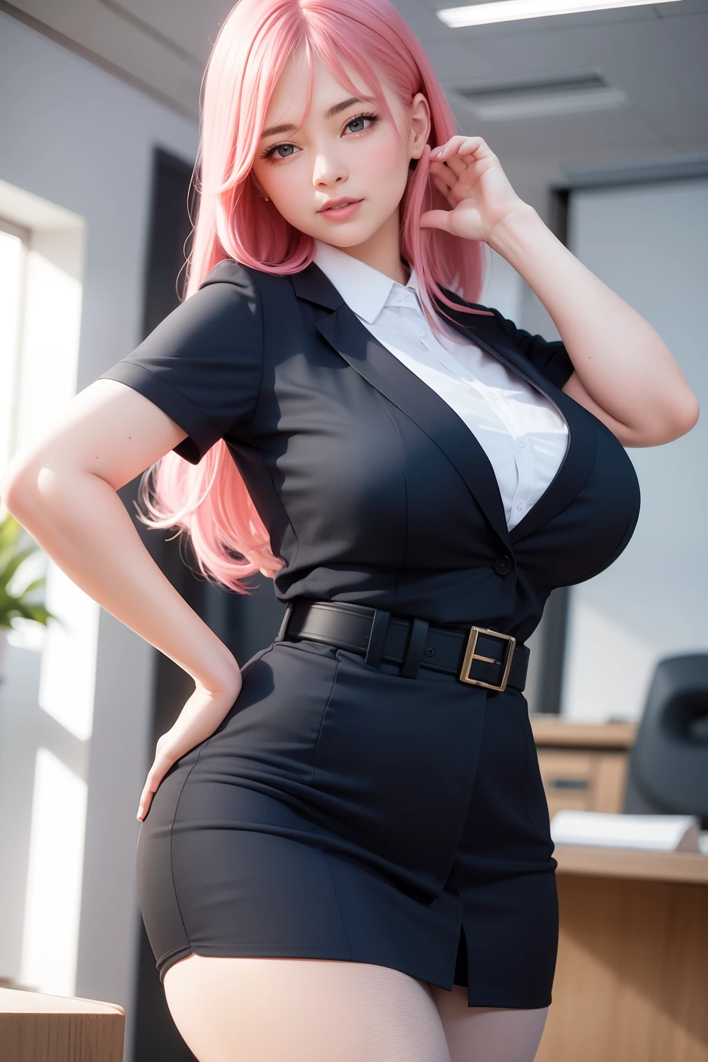 masterpiece, best quality, realistic, 1girl, sexy office lady, thick thighs, f-cup breast, dress view, (PureErosFace_V1:0.6), long pink hair