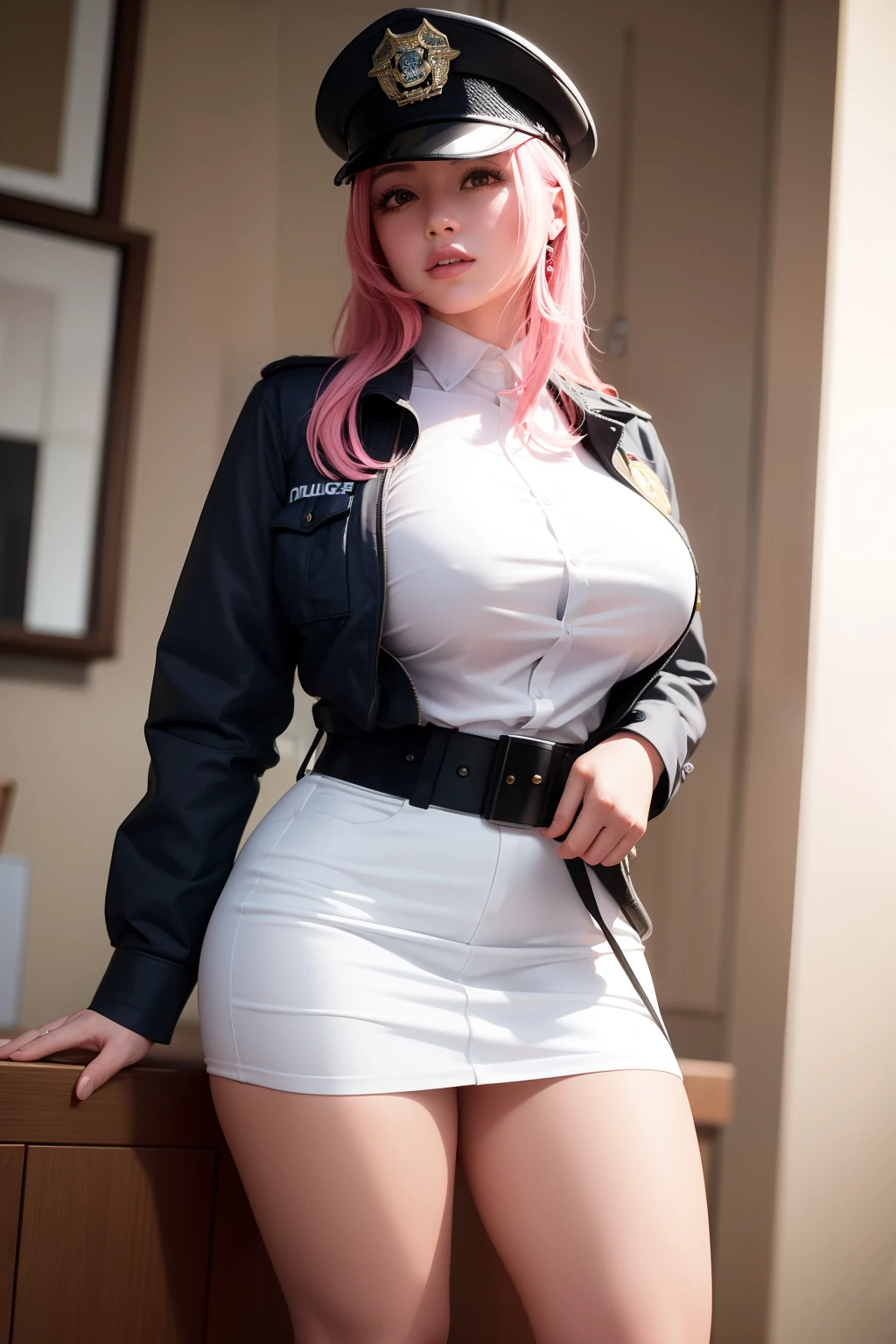 masterpiece, best quality, realistic, 1girl, sexy police officer, thick thighs, f-cup breast, dress view, (PureErosFace_V1:0.6), long pink hair