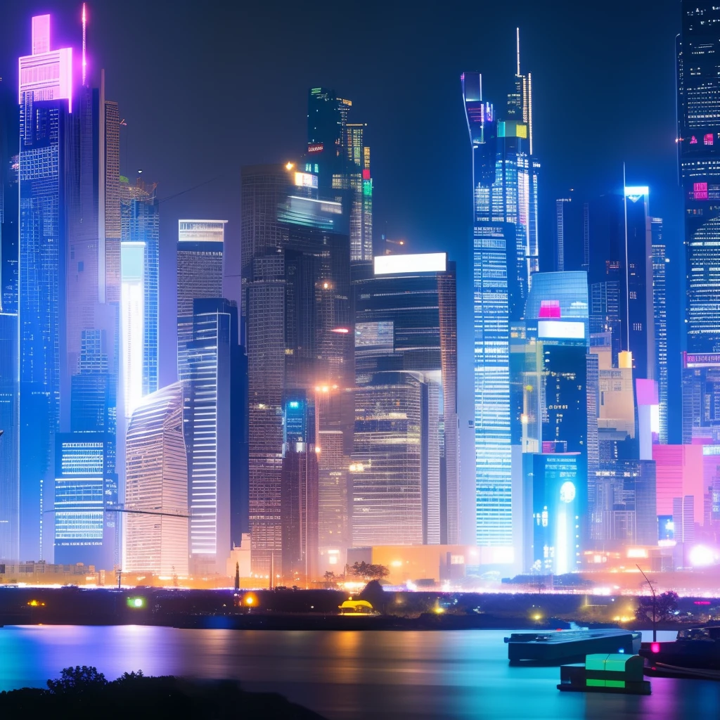 Cyberpunk is a futuristic cityscape with bright lights and a moon in the background at night