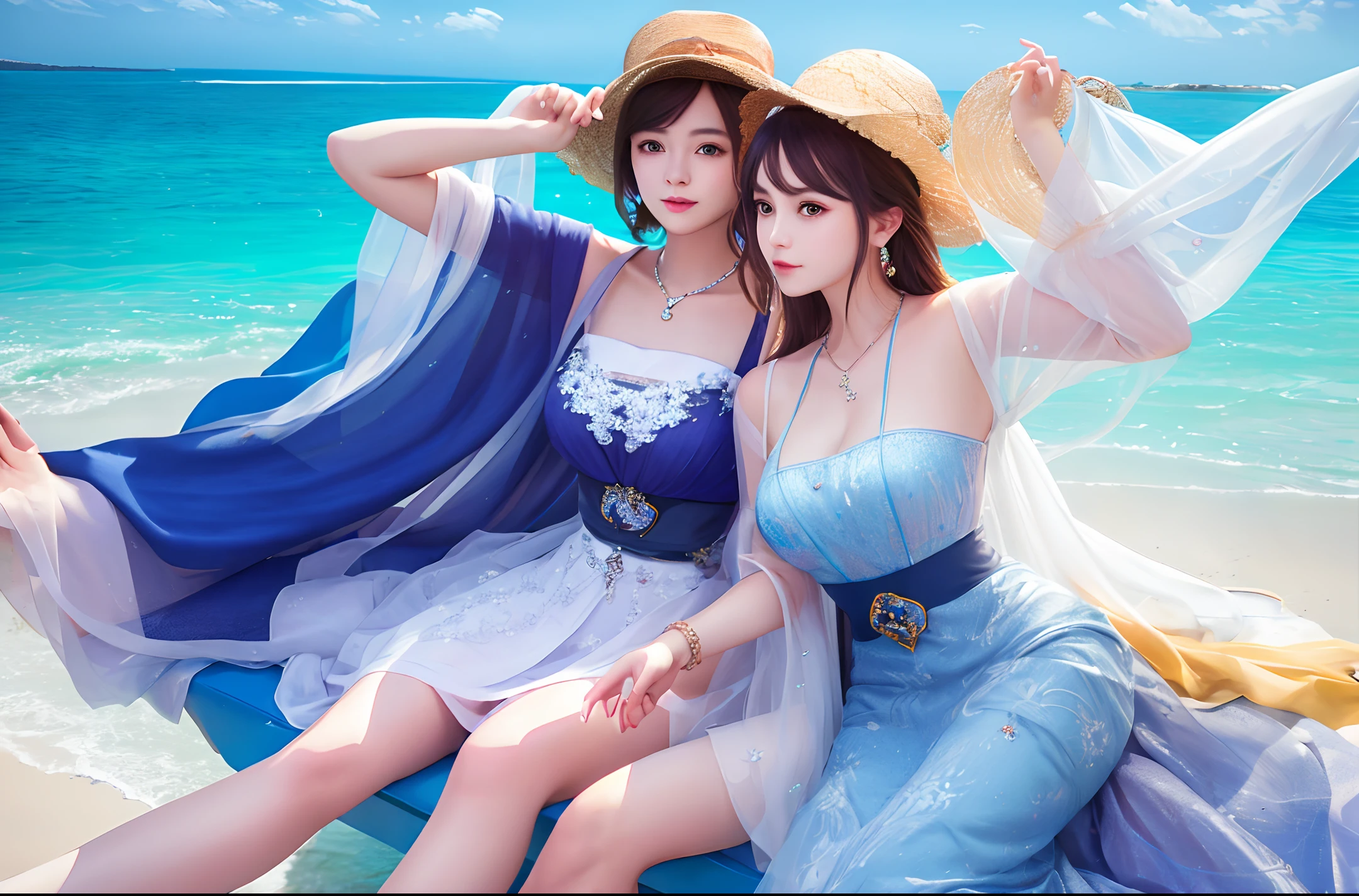 (best quality: 2, masterpiece: 2, realism: 2), summer, photo of two girls, 8k, clean background