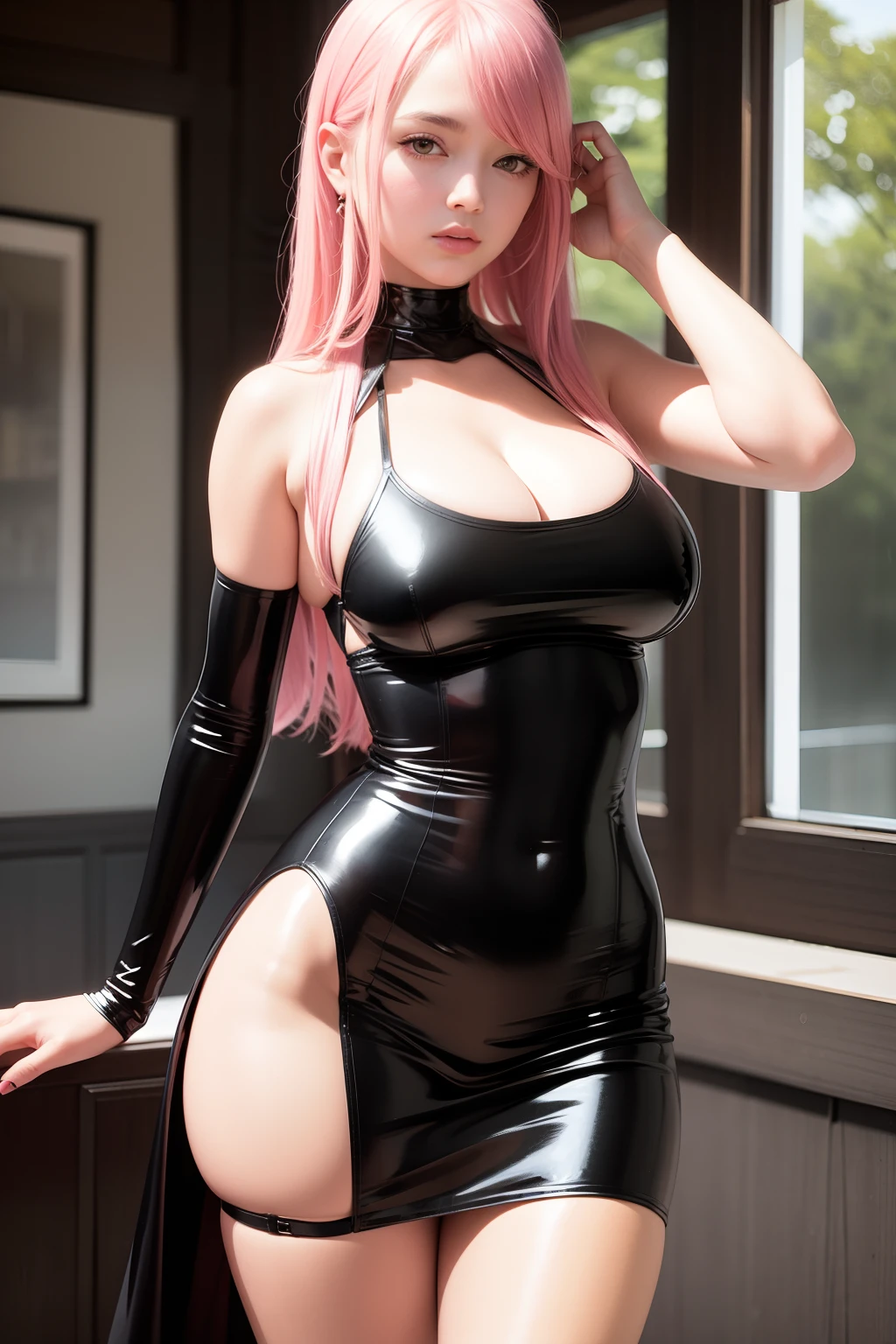 masterpiece, best quality, realistic, 1girl, sexy latex, thick thighs, f-cup breast, dress view, (PureErosFace_V1:0.6), long pink hair