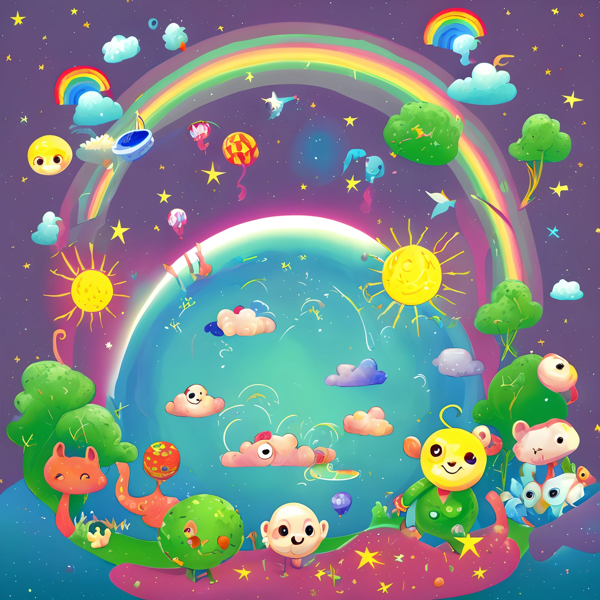 a wonderful happy dream planet with rainbows and marshmallows and cute little animals