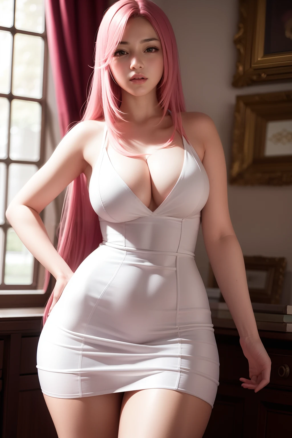 masterpiece, best quality, realistic, 1girl, ff, final fantasy, thick thighs, f-cup breast, dress view, (PureErosFace_V1:0.6), long pink hair