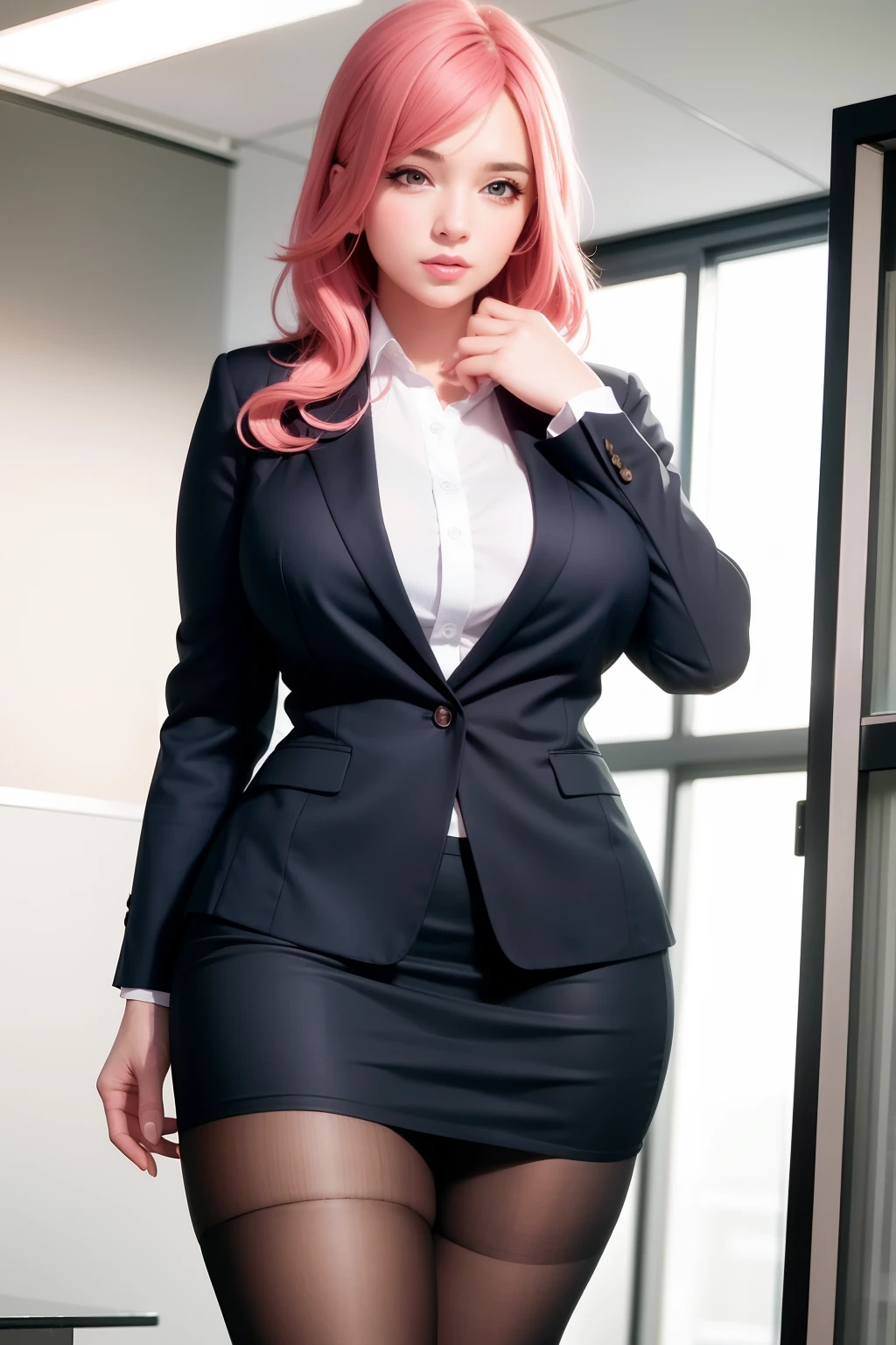 masterpiece, best quality, realistic, 1girl, sexy office lady, thick thighs, sexy legs, full photo view, f-cup breast, (PureErosFace_V1:0.6), long pink hair