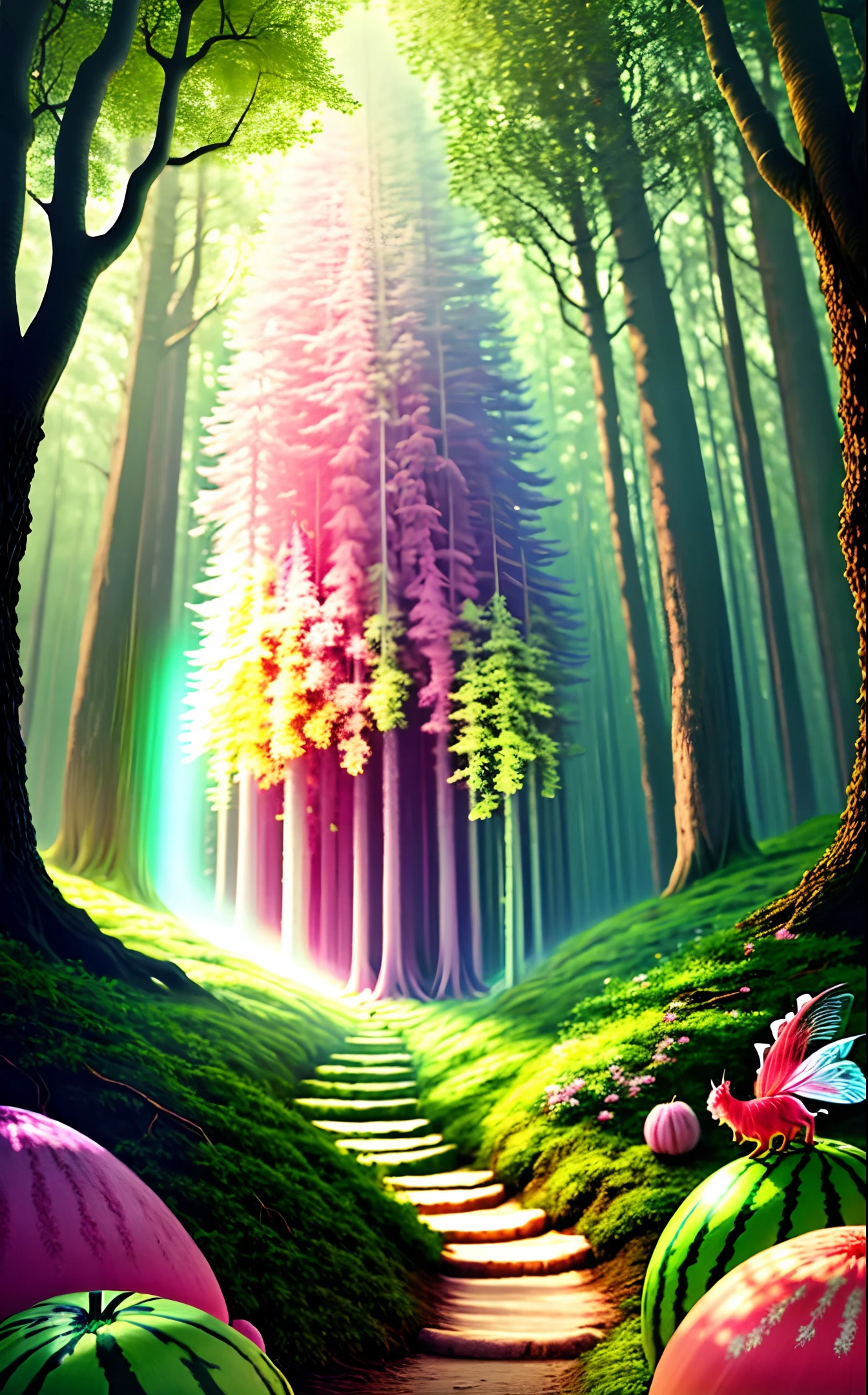 Fantasy forest in pastel colours, cute little animals, watermelons, realistic, fairies, 