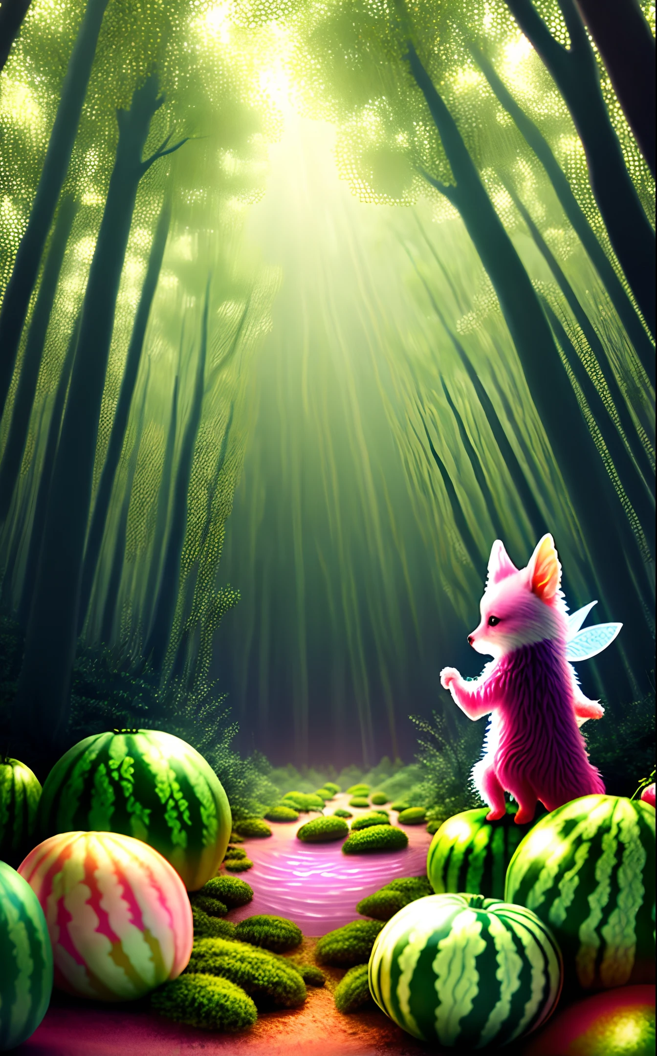 Fantasy forest in pastel colours, cute little animals, watermelons, realistic, fairies,