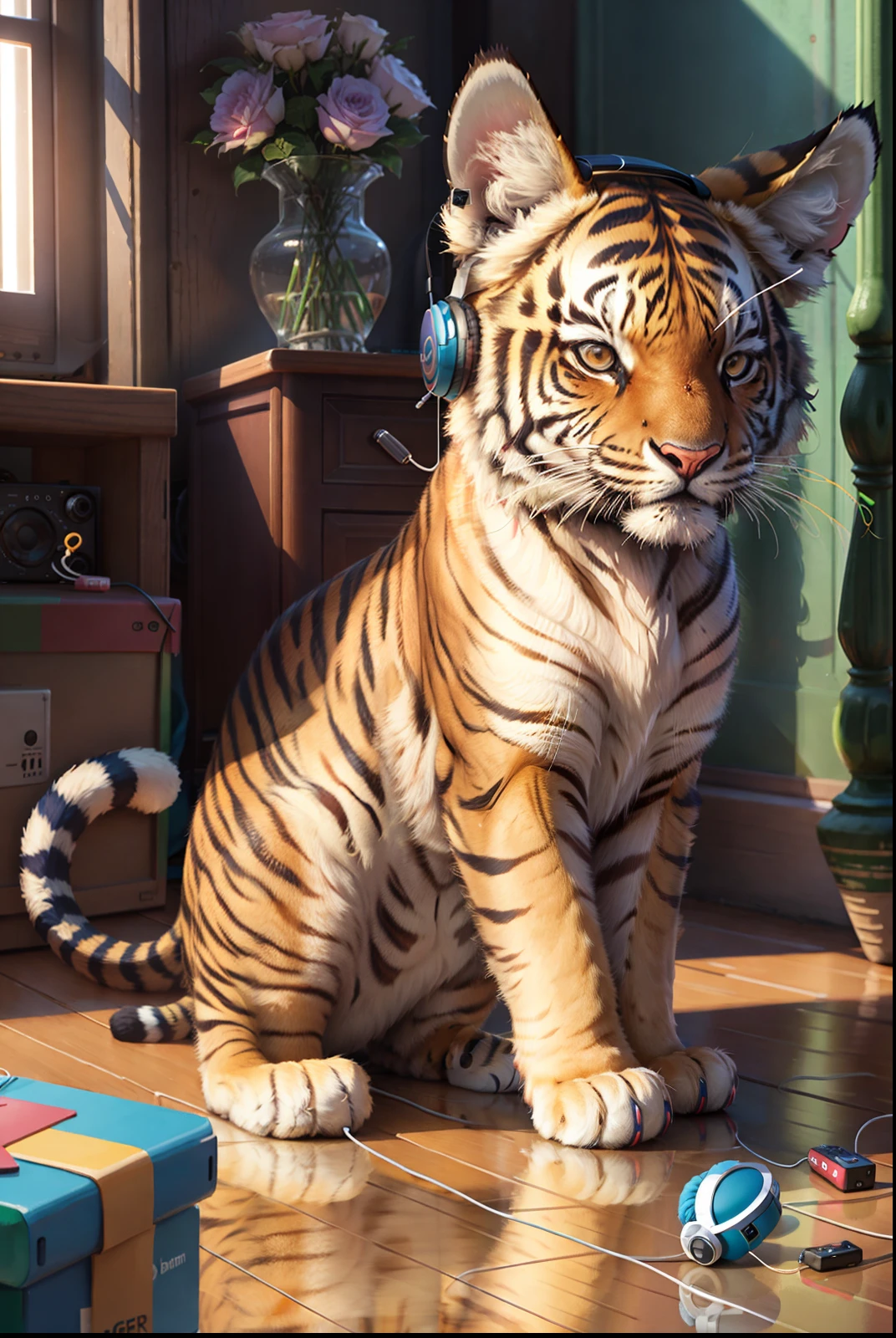 Tiger listens to music with headphones